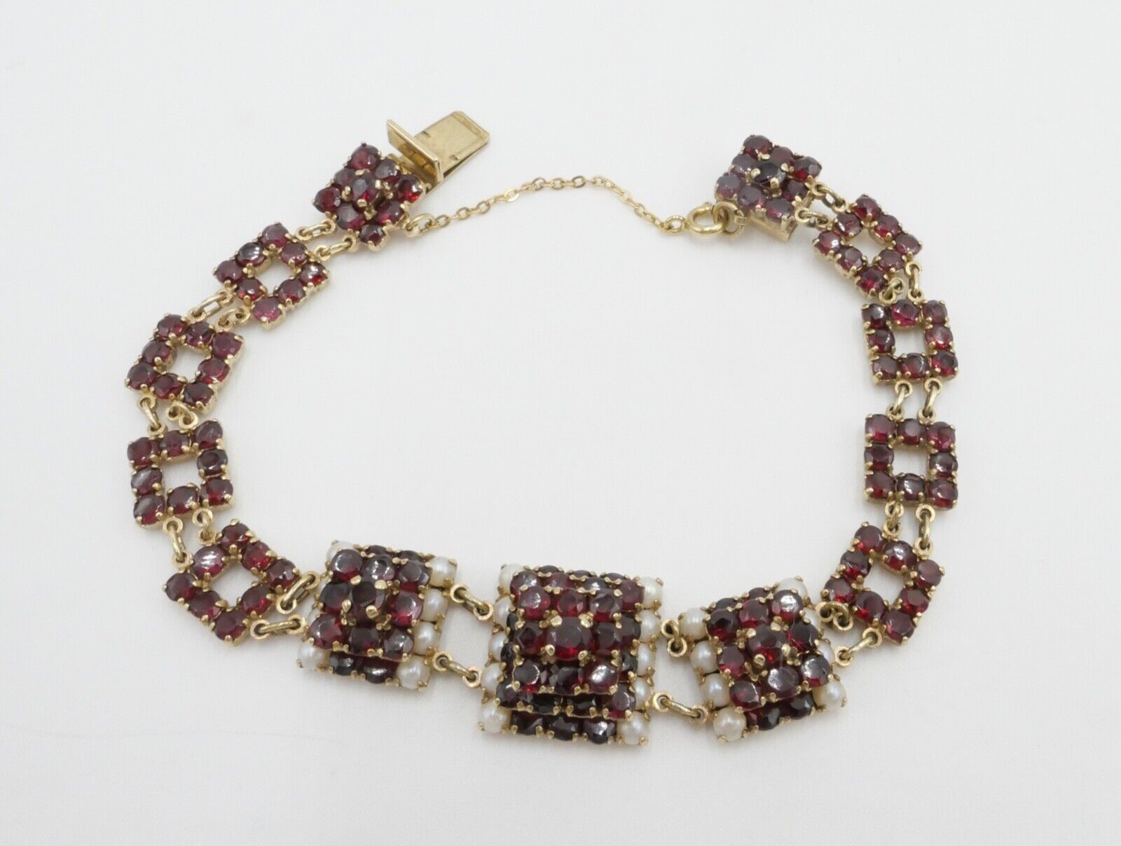 80er Jahre Gold Armband mit Granat und Perle 333 / 8 K Gold - Antikhandel-Stuttgart