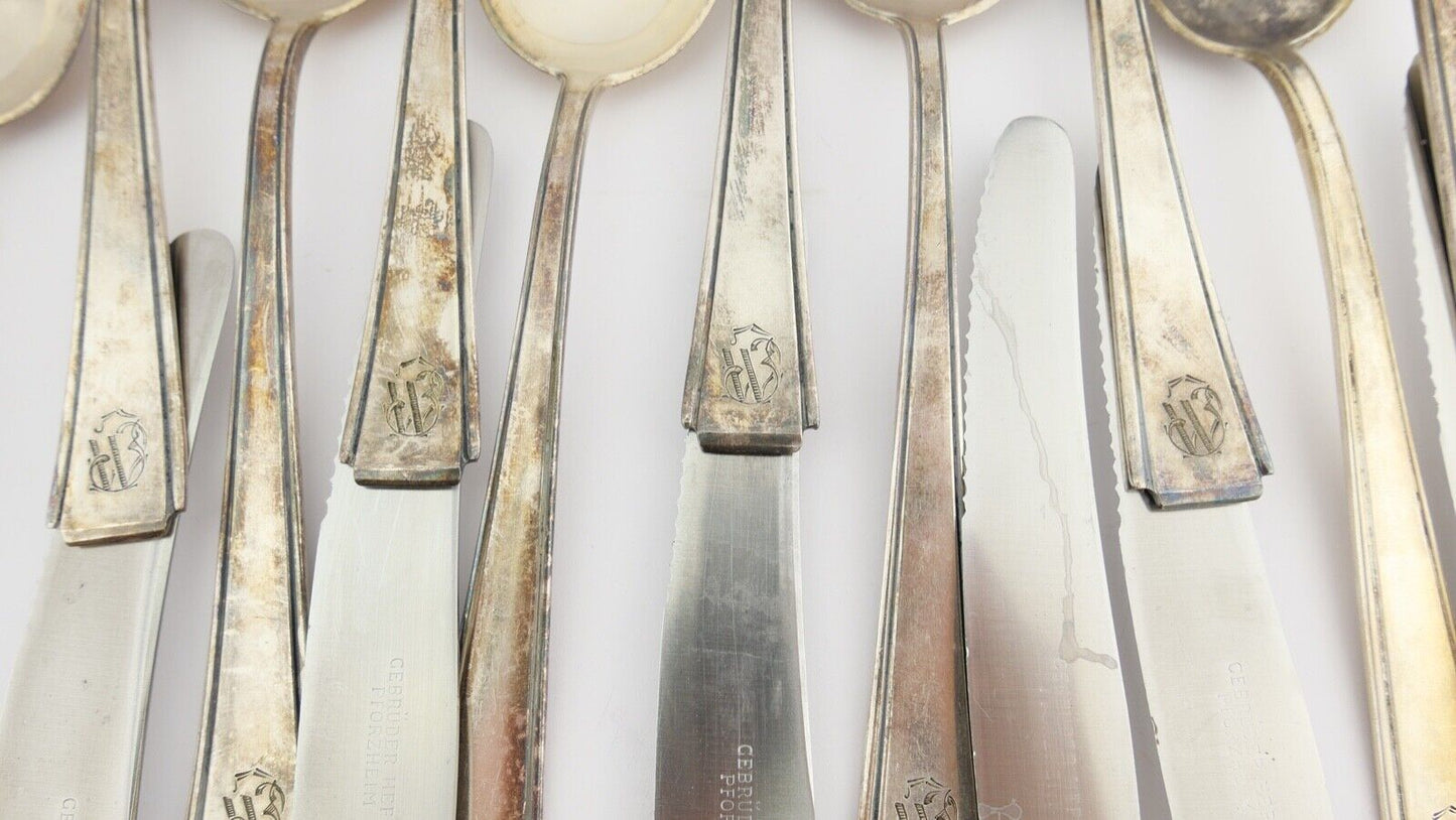 Art Deco " GEBR. HEPP 90 " 36 Tlg. cutlery Besteck 1930er 1940er Monogramm JW WJ - Antikhandel-Stuttgart