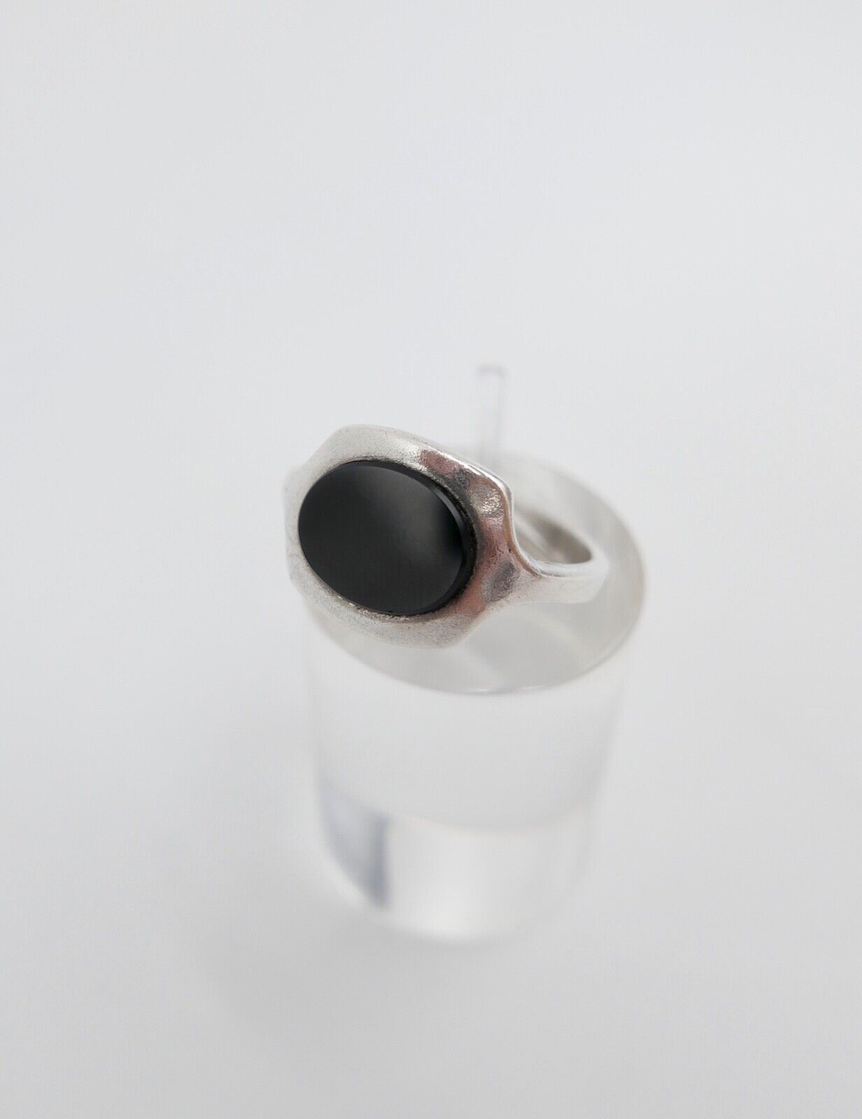 Alter ONYX Damenring 925 Silber FB Größe 54 navette 1970er Jahre - Antikhandel-Stuttgart