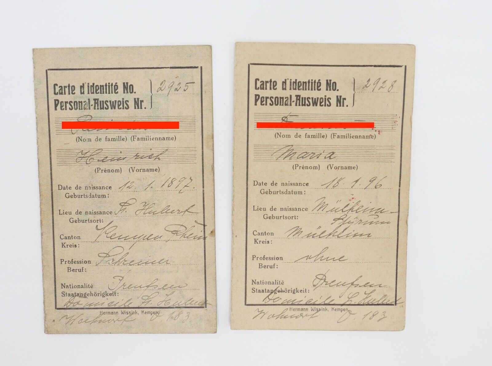 2 Personal Ausweis 1920 Pass Besetze Gebiete Territorien Occupes St. Hubert Germ - Antikhandel-Stuttgart