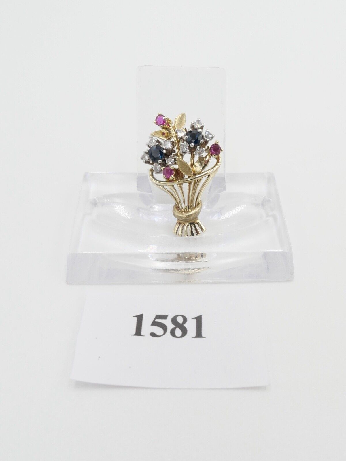 1980er florale Blumenkor 585 14K Bicolor Gold Brosche Brillanten Rubinen Saphire - Antikhandel-Stuttgart