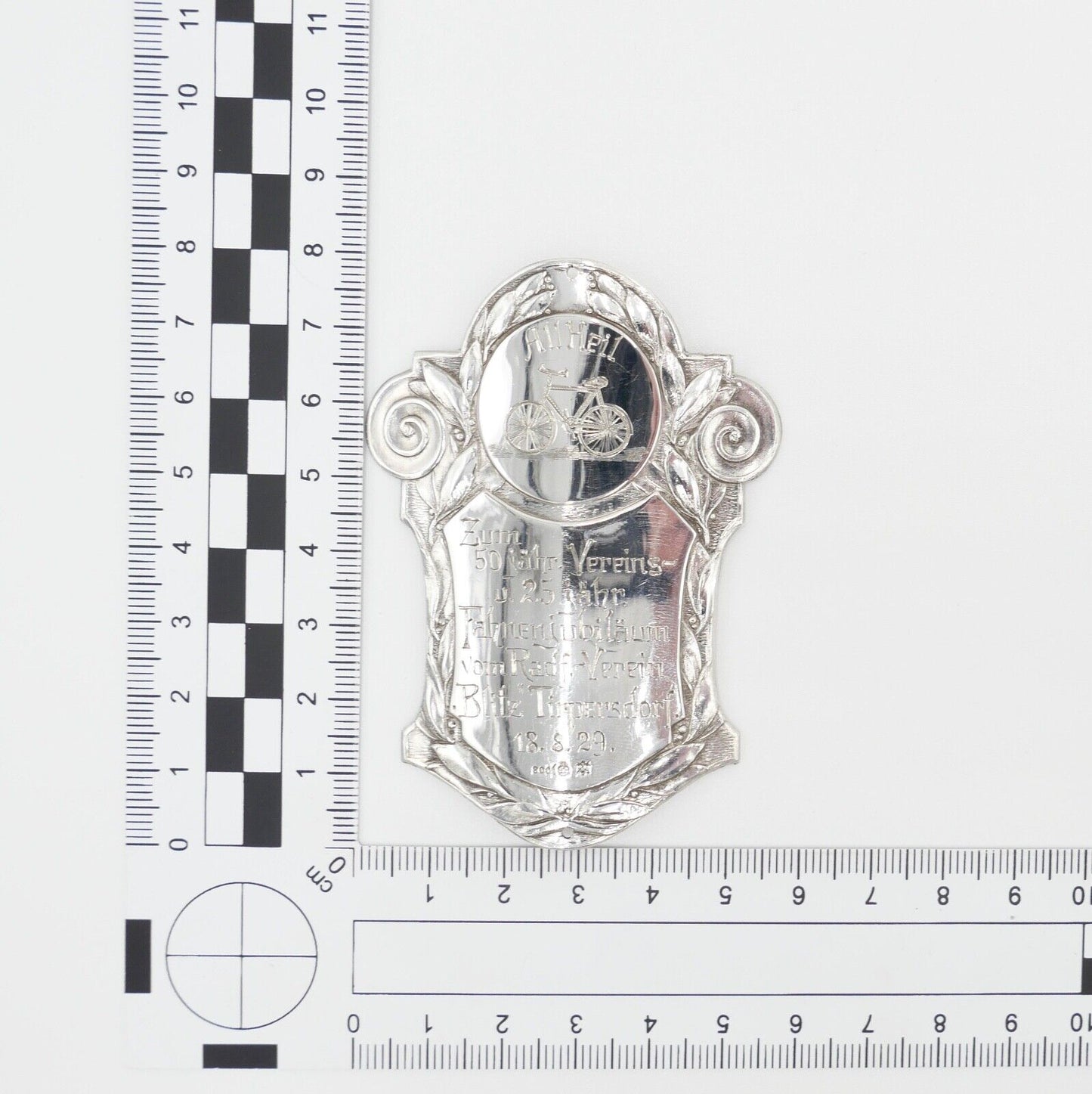 Fahrrad Plakette 1929 Silber 800 Jubiläum BLITZ Tirpersdorf Ralf.-Verein - Antikhandel-Stuttgart
