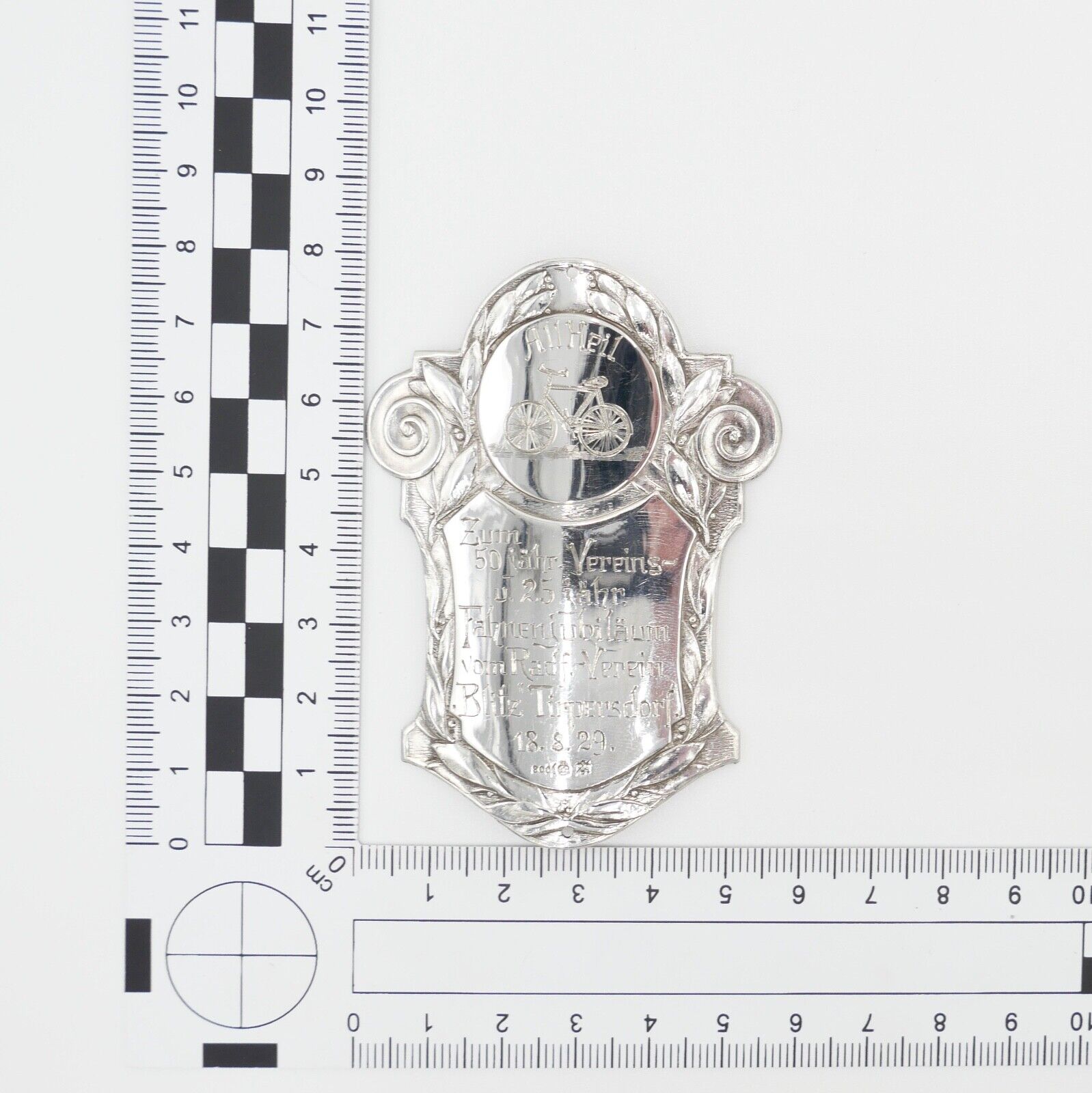 Fahrrad Plakette 1929 Silber 800 Jubiläum BLITZ Tirpersdorf Ralf.-Verein - Antikhandel-Stuttgart