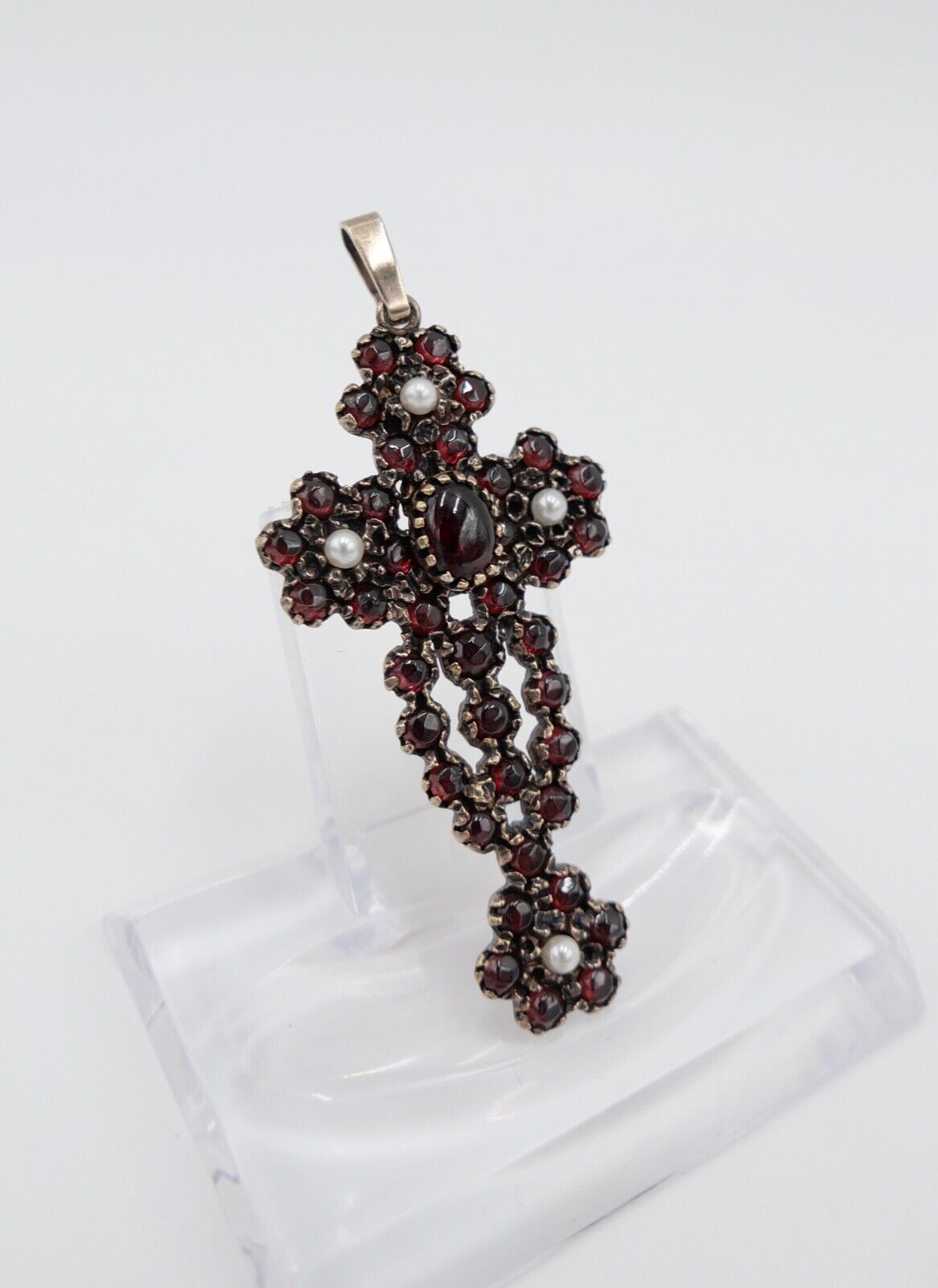 antik großer Granat Kreuz Anhänger um 1860 mit Perlen Silber 925 vergoldet - Antikhandel-Stuttgart