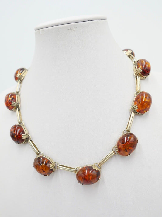 Bernstein Kette 830 Silber vergoldet Halskette Collier Ø 43 cm Gliederkette - Antikhandel-Stuttgart