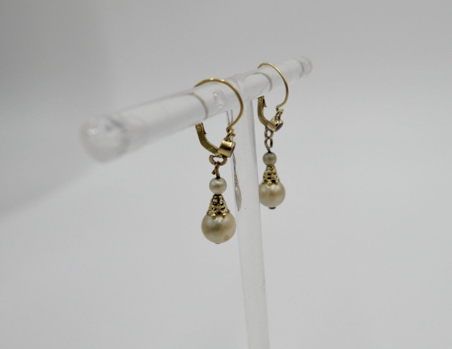 50er Jahre Ohrringe Ohrhänger mit Perlen & Glasstein GOLD 333 / 8K Perle Ø 6,3mm - Antikhandel-Stuttgart