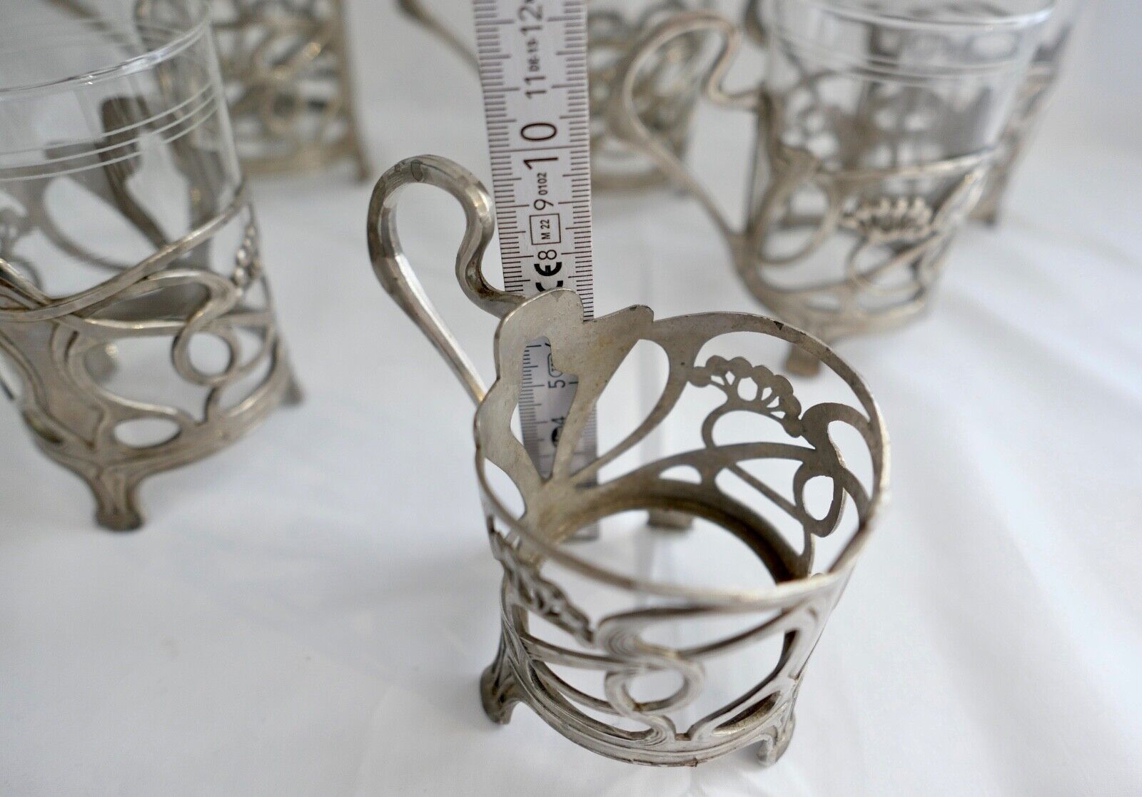 Set 6x Jugendstil Teeglashalter versilbert mit Schott Mainz JENAer Glas um 1900 - Antikhandel-Stuttgart