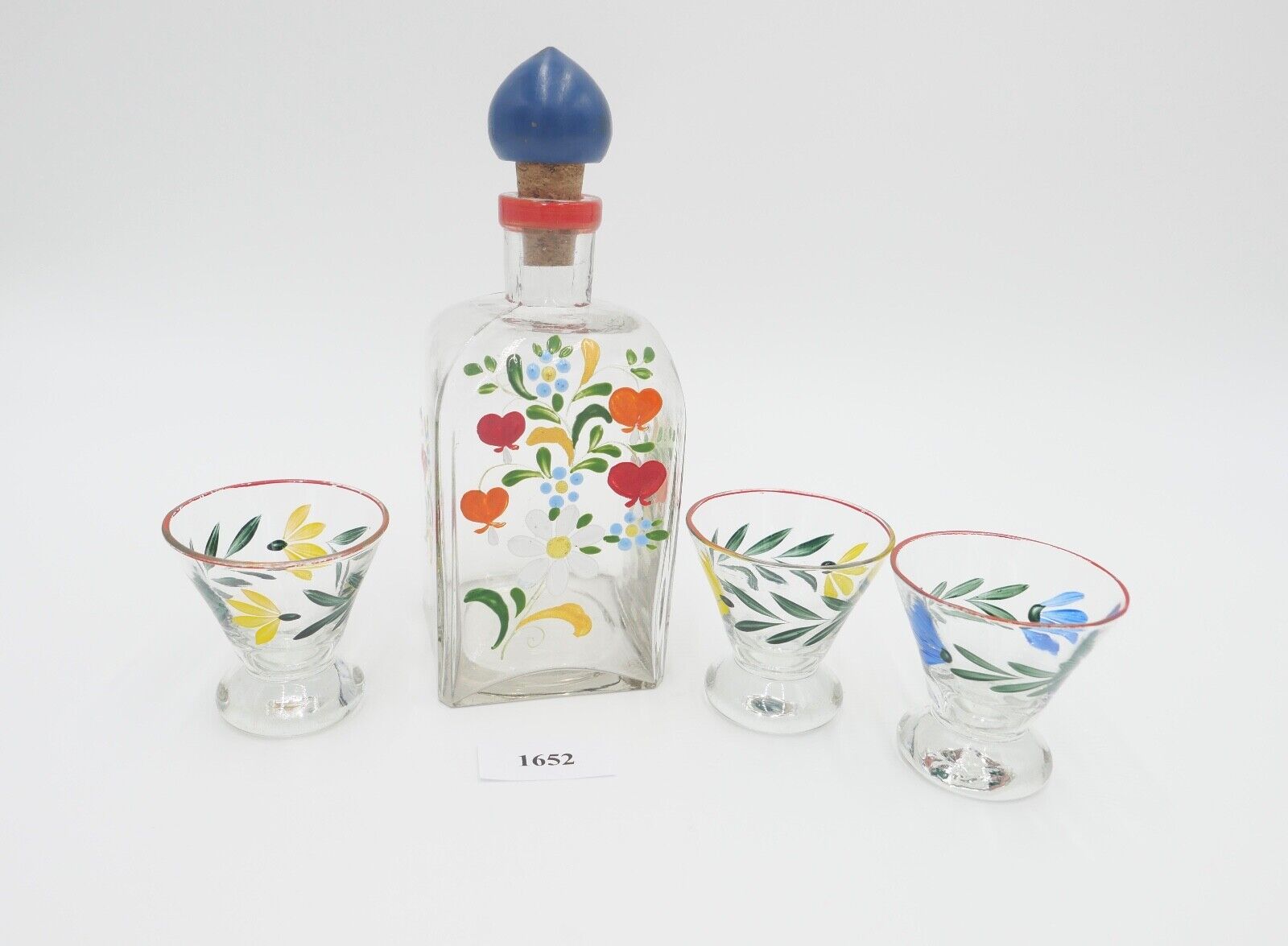 altes Schnaps Likör Set Glas Handbemalt Gläser Karaffe Blumenmuster - Antikhandel-Stuttgart