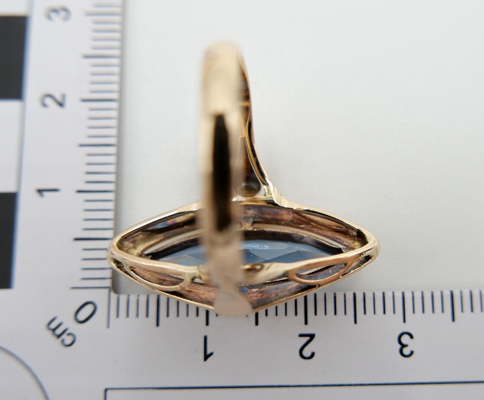 1950er Rotgold Ring Navette Form 14K 585 Gr. 57 Damen mit blauen synth. Spinell - Antikhandel-Stuttgart