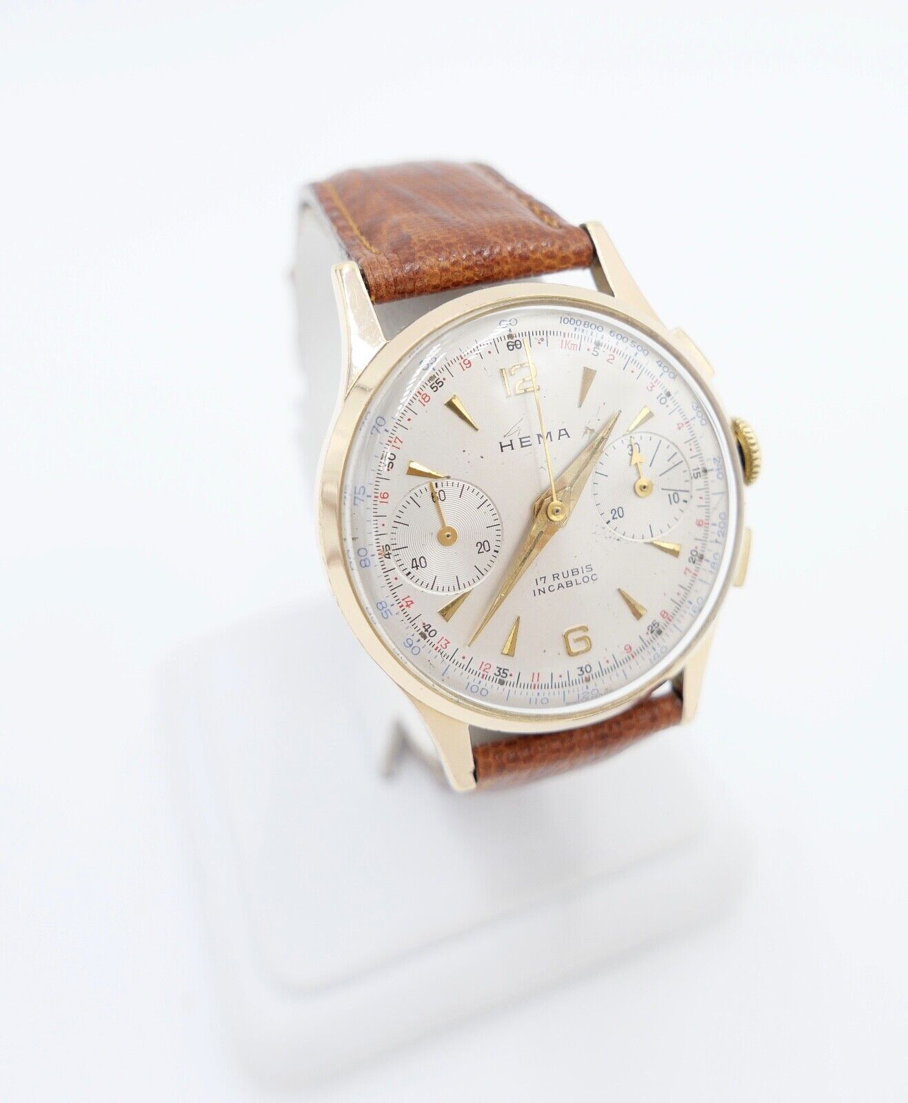 HEMA Chronograph Cal. Landeron 248 Herren Armbanduhr Handaufzug Ø 34mm neus Band - Antikhandel-Stuttgart