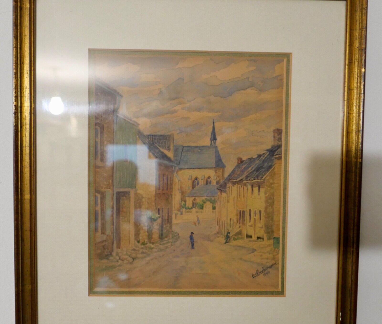 Aquarell signiert BACHMANN 1946 38x33 cm Bild Rahmen DORF - Antikhandel-Stuttgart