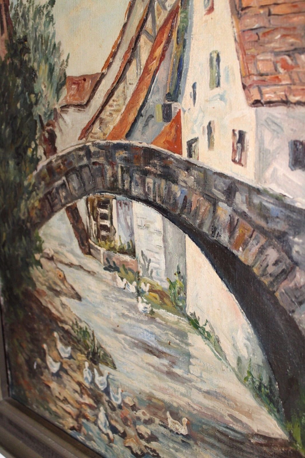Großes Ölgemälde oil painting Dorf Bach Enten Brücke Wasser - Antikhandel-Stuttgart