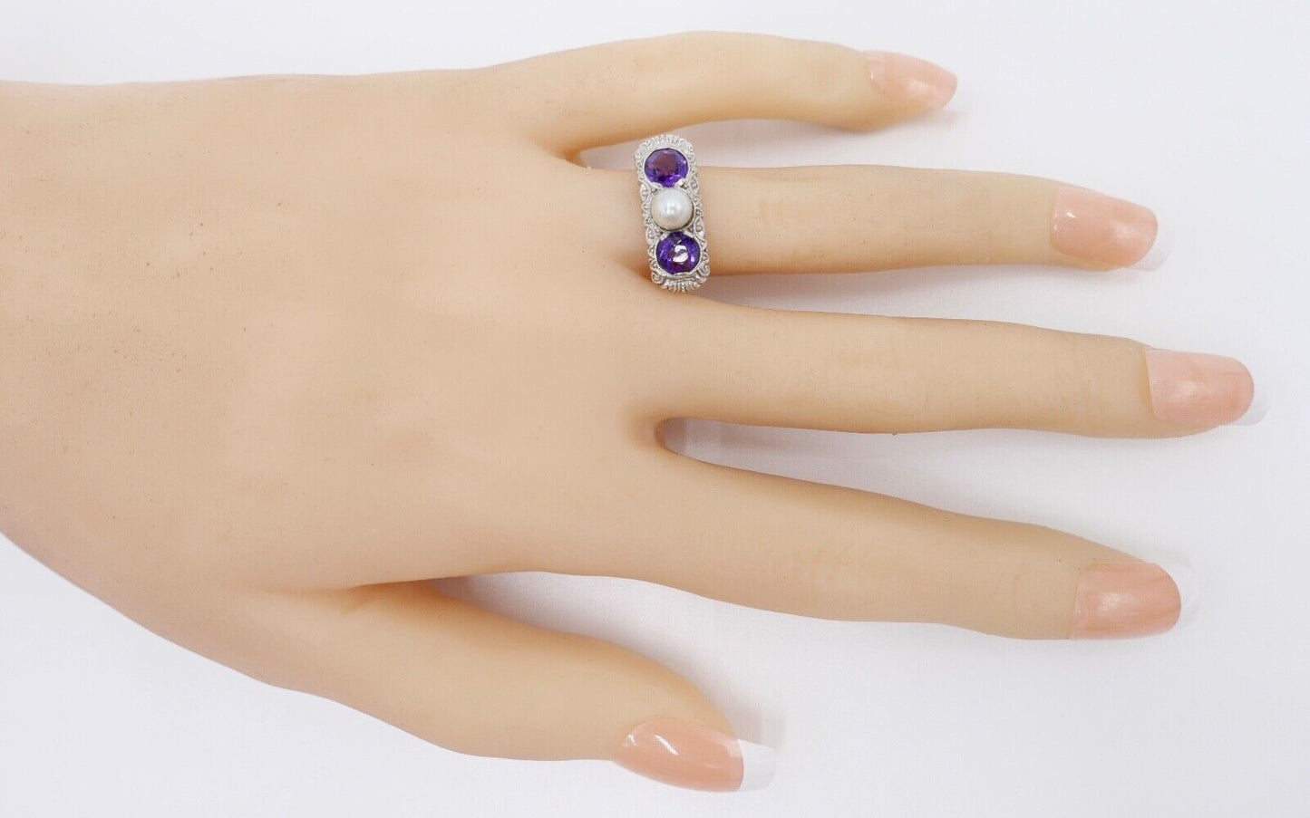 30er Jahre Art Deco Bicolor Ring 585 Gold & 935 Silber Gr. 55 Amethyst & Perle - Antikhandel-Stuttgart