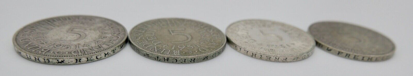 4x 5 DM 1951 J.387 Silbermünzen Silberadler Heiermann Komplettsatz D F G J - Antikhandel-Stuttgart