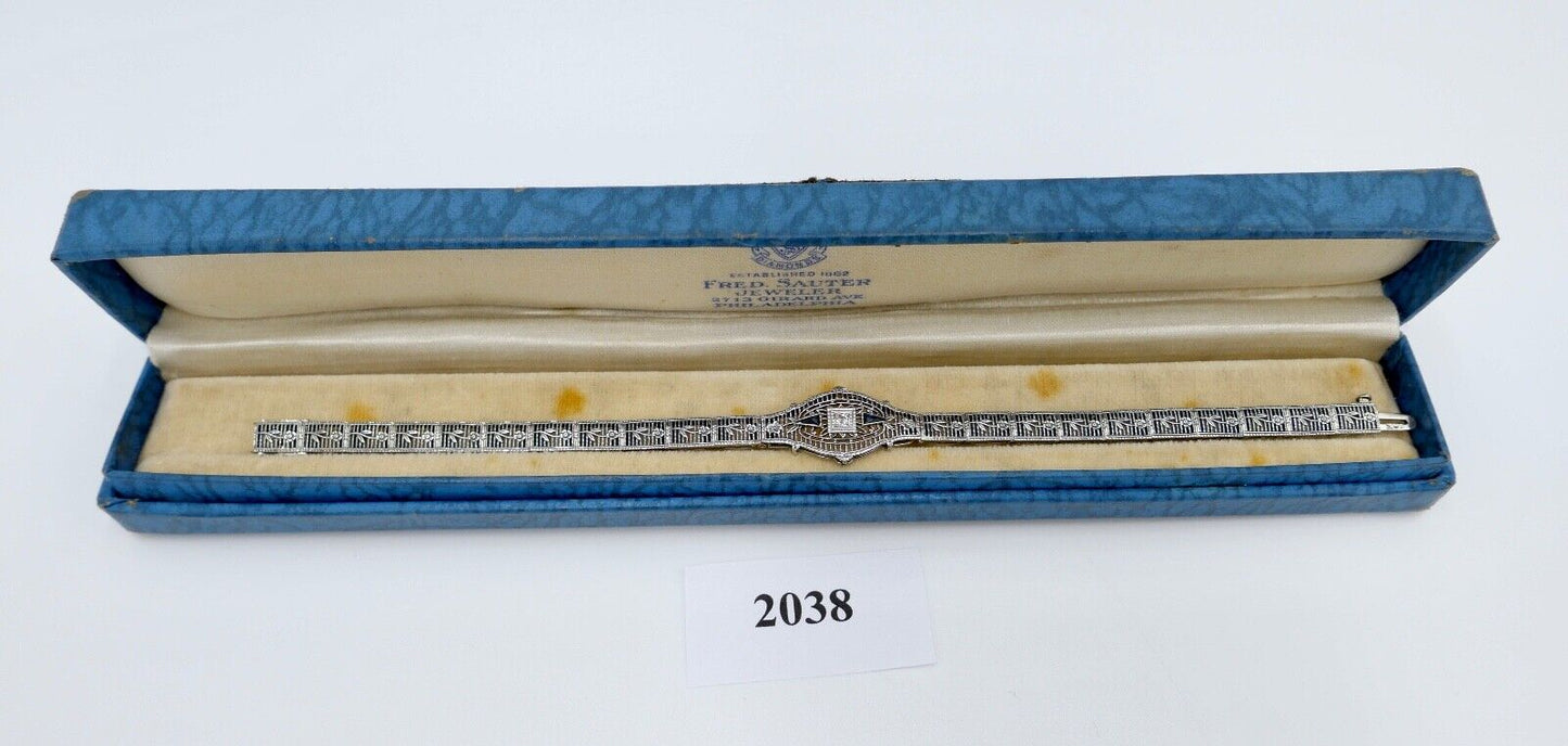 20er Floral Filigranes Damen Armband 10K Weißgold PHILADELPHIA Diamant & Saphir - Antikhandel-Stuttgart