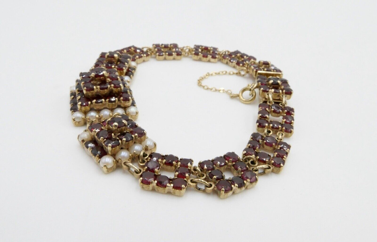80er Jahre Gold Armband mit Granat und Perle 333 / 8 K Gold - Antikhandel-Stuttgart