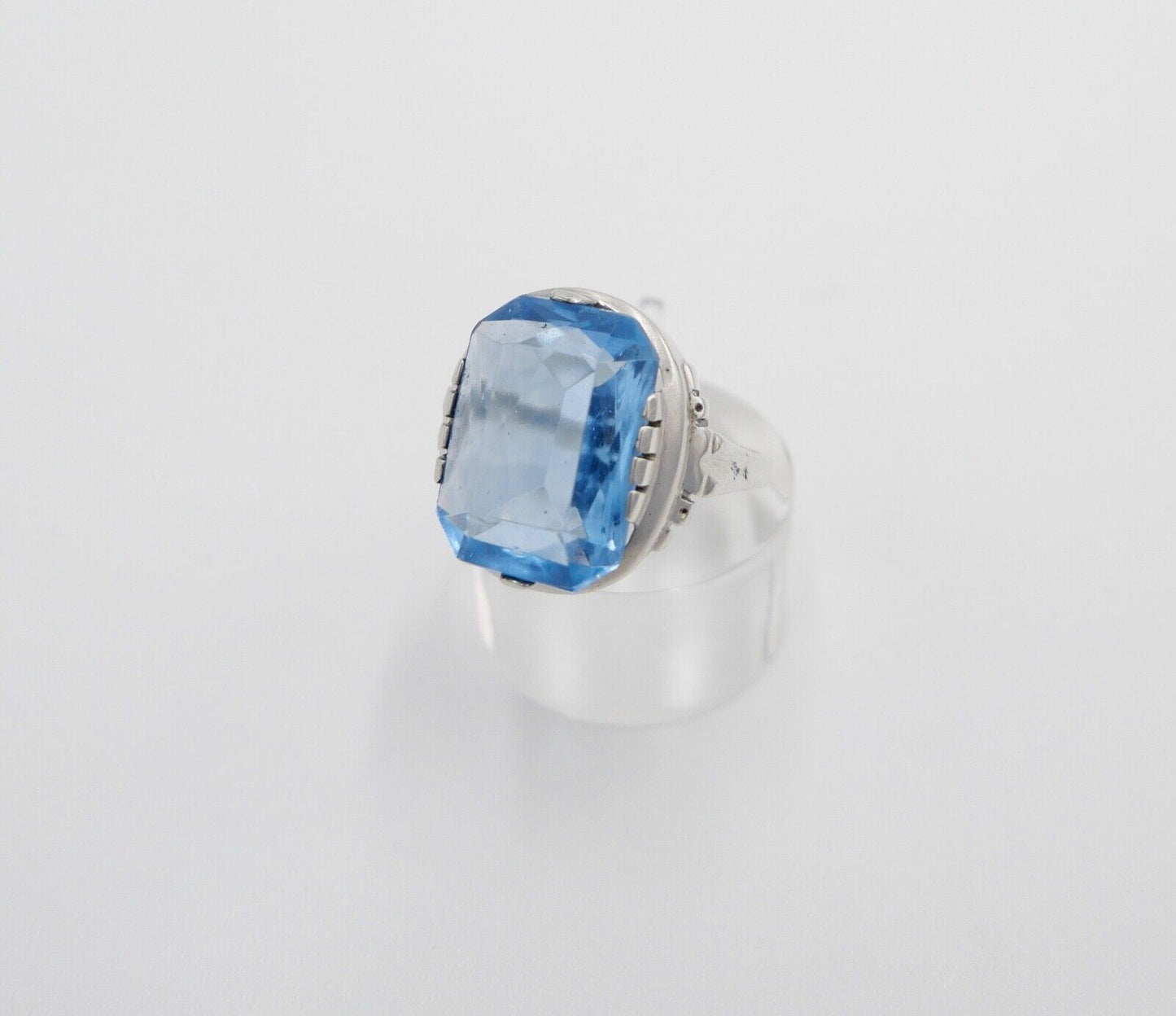 Art Deco Damenring 835 Silber Gr. 59 Glasstein Blau - Antikhandel-Stuttgart