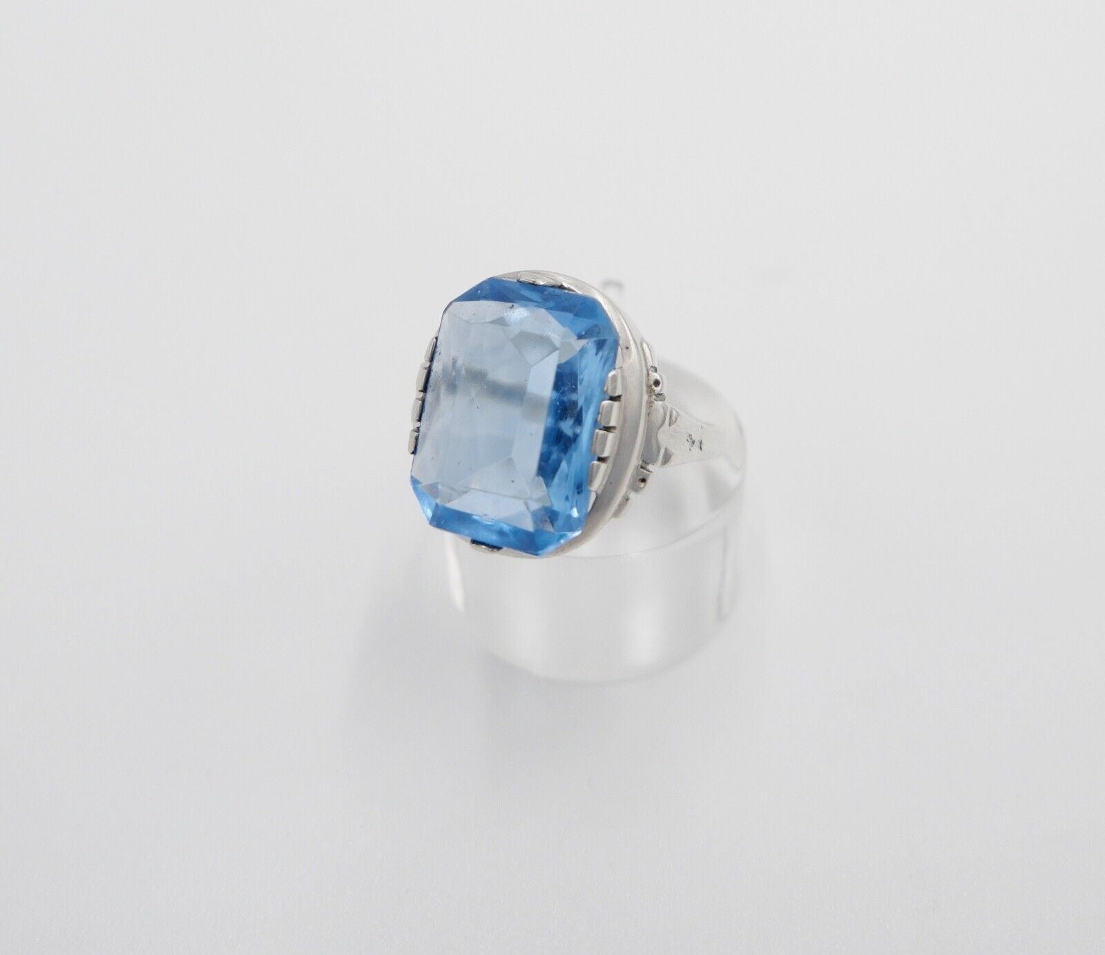 Art Deco Damenring 835 Silber Gr. 59 Glasstein Blau - Antikhandel-Stuttgart