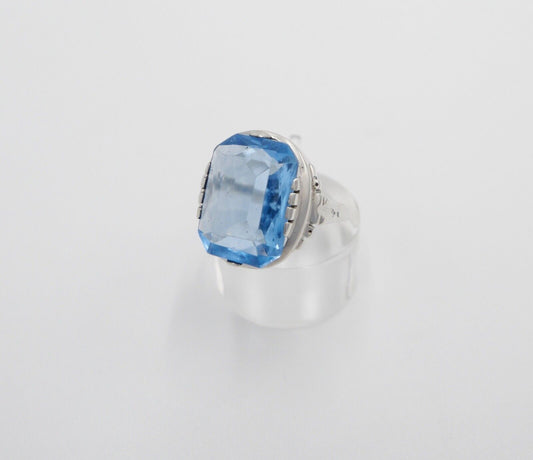 Art Deco Damenring 835 Silber Gr. 59 Glasstein Blau - Antikhandel-Stuttgart