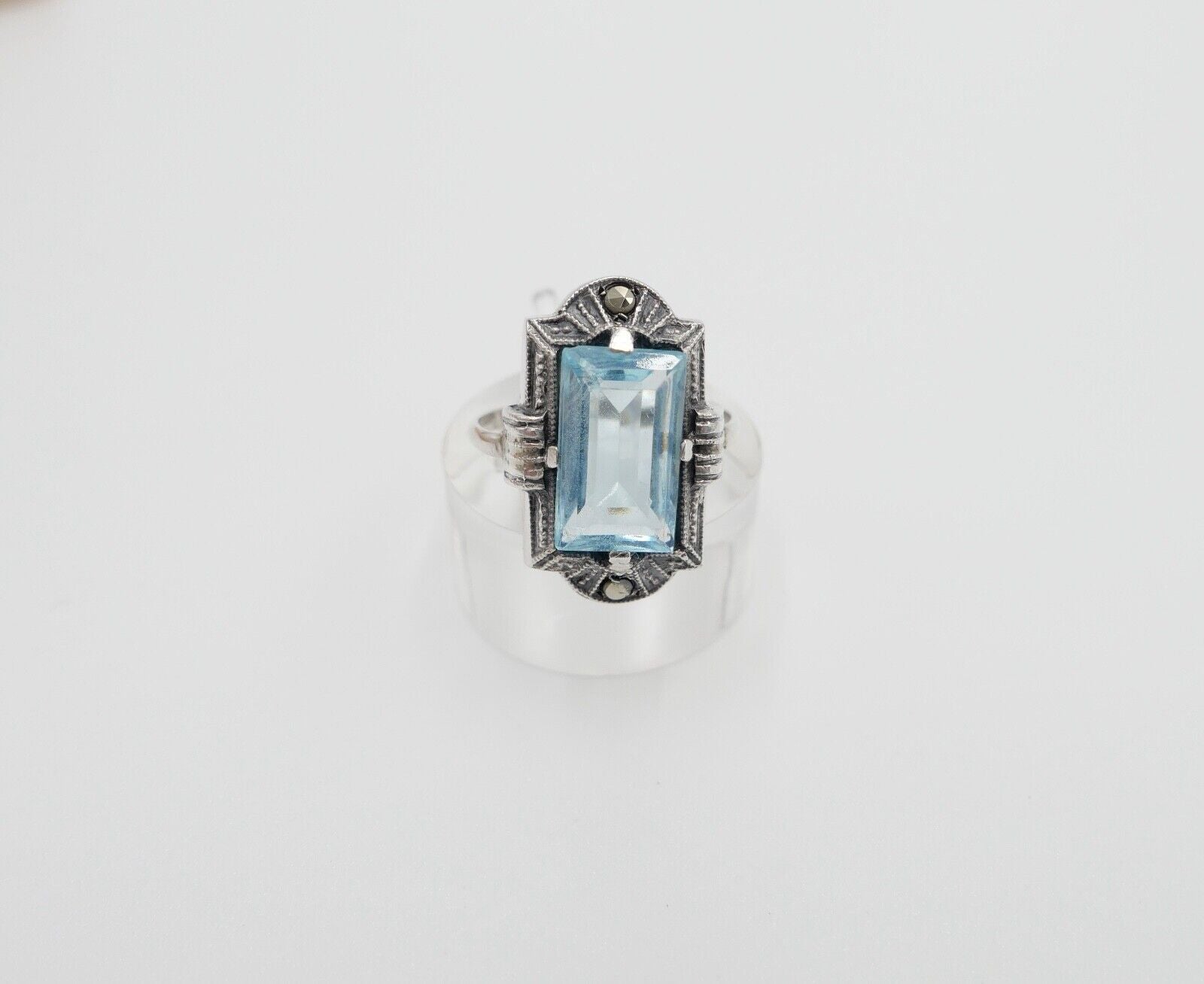 ART DECO Damenring Ring Silber 830 Gr. 53 mit Markasit blauer Glasstein - Antikhandel-Stuttgart