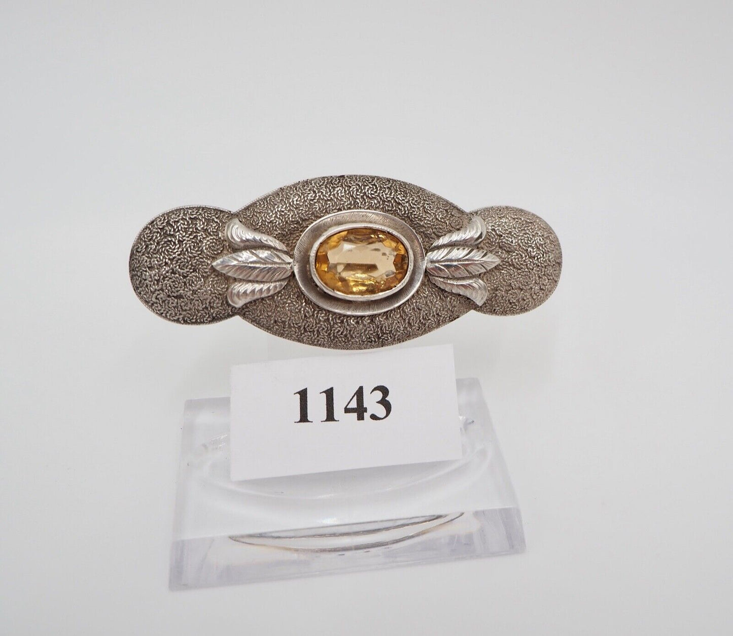 50er Jahre florale Silber 835 große Brosche 66 mm Schmuckstein orange Glasstein - Antikhandel-Stuttgart