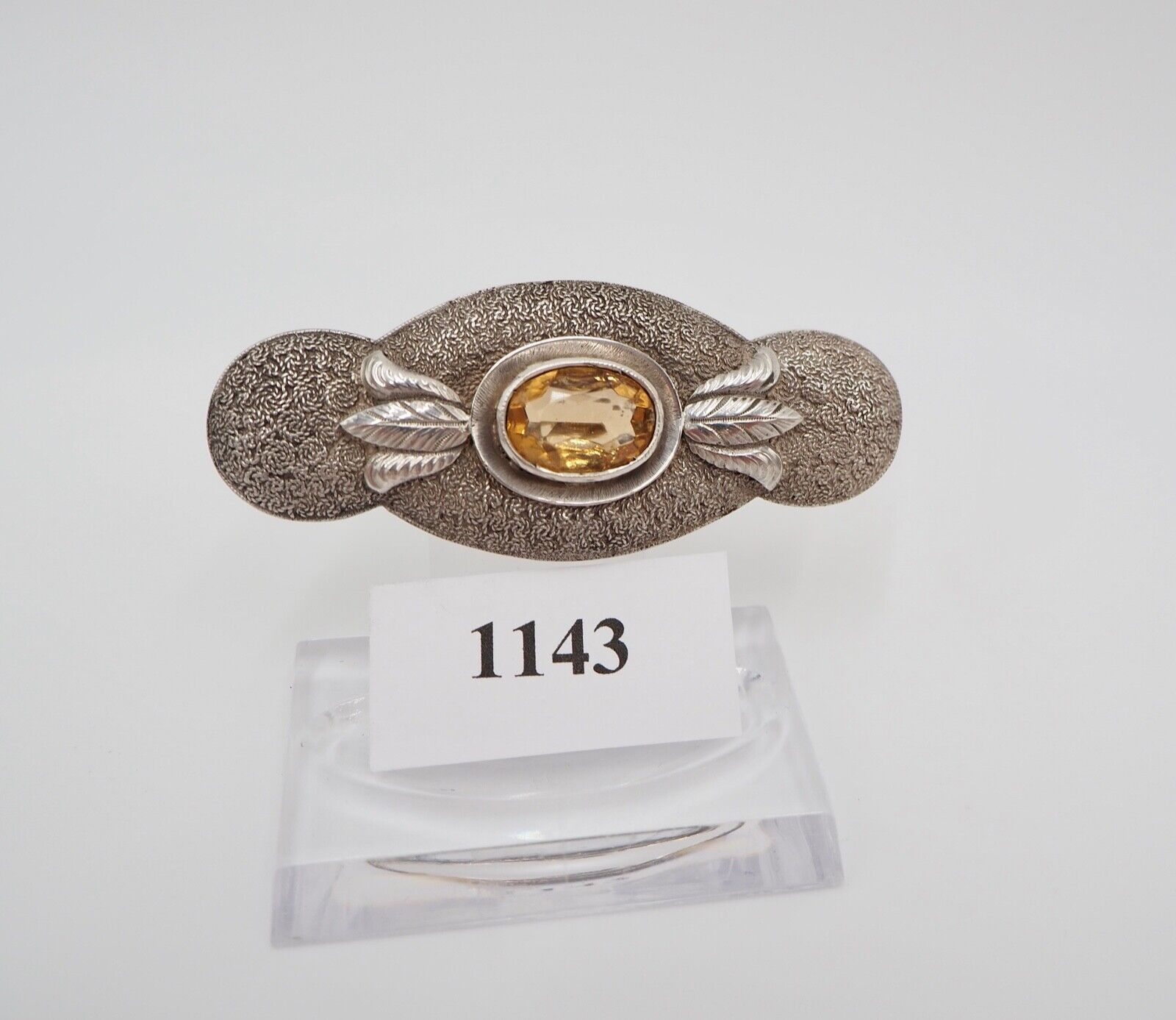 50er Jahre florale Silber 835 große Brosche 66 mm Schmuckstein orange Glasstein - Antikhandel-Stuttgart