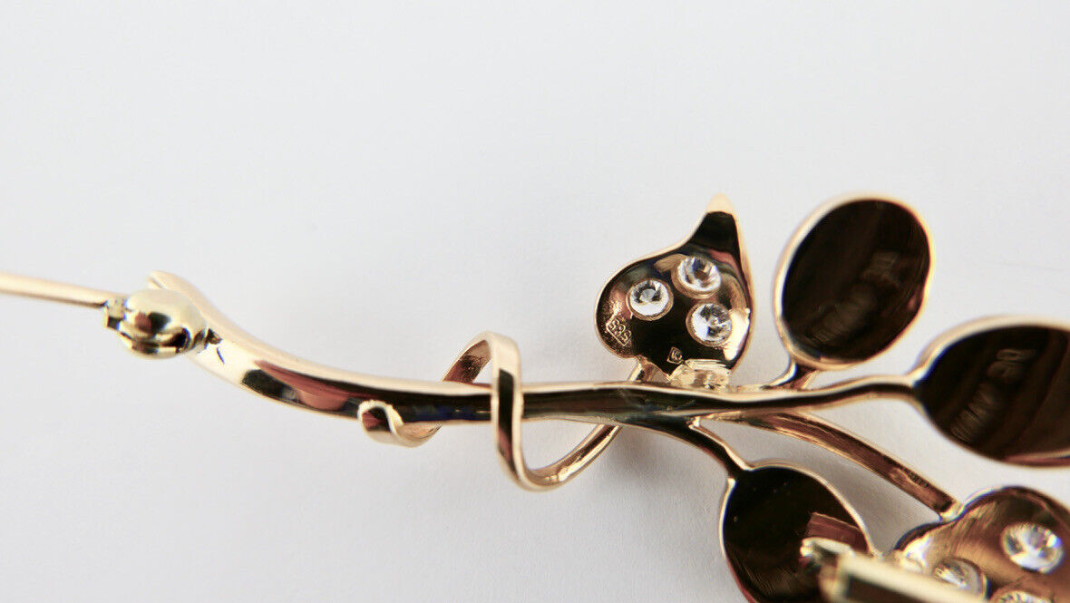 Florale 585 14K Gelbgold Brosche mit Opal und 0,66 Ct Brillanten Ø 50 mm Blume - Antikhandel-Stuttgart