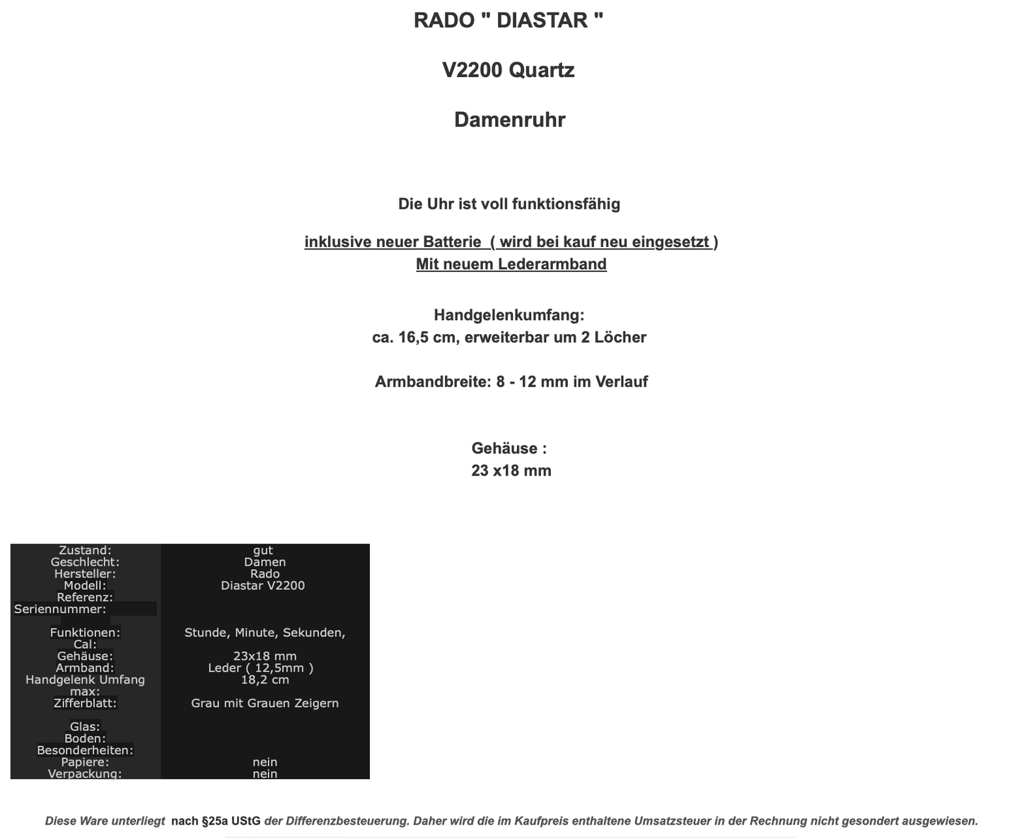 RADO " DIASTAR " V2200 Quartz Damenruhr inkl. neuer Batterie 23x18mm - Antikhandel-Stuttgart