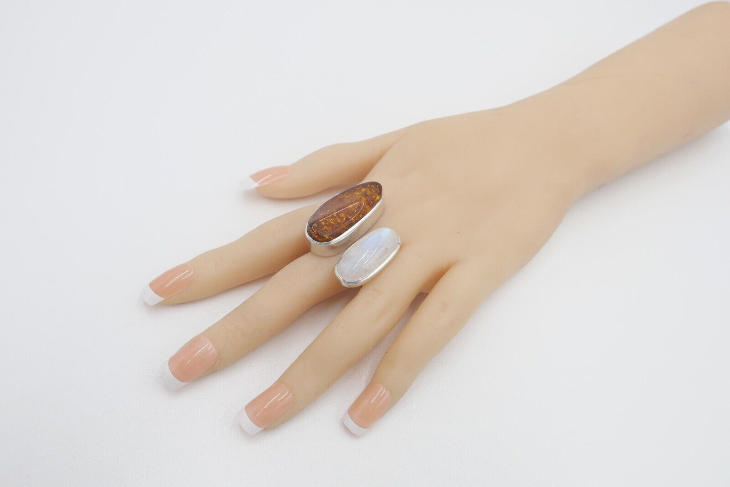 80er Jahre Designer Ring Bernstein & Mondstein Silber 925 Größe 60 verstellbar - Antikhandel-Stuttgart