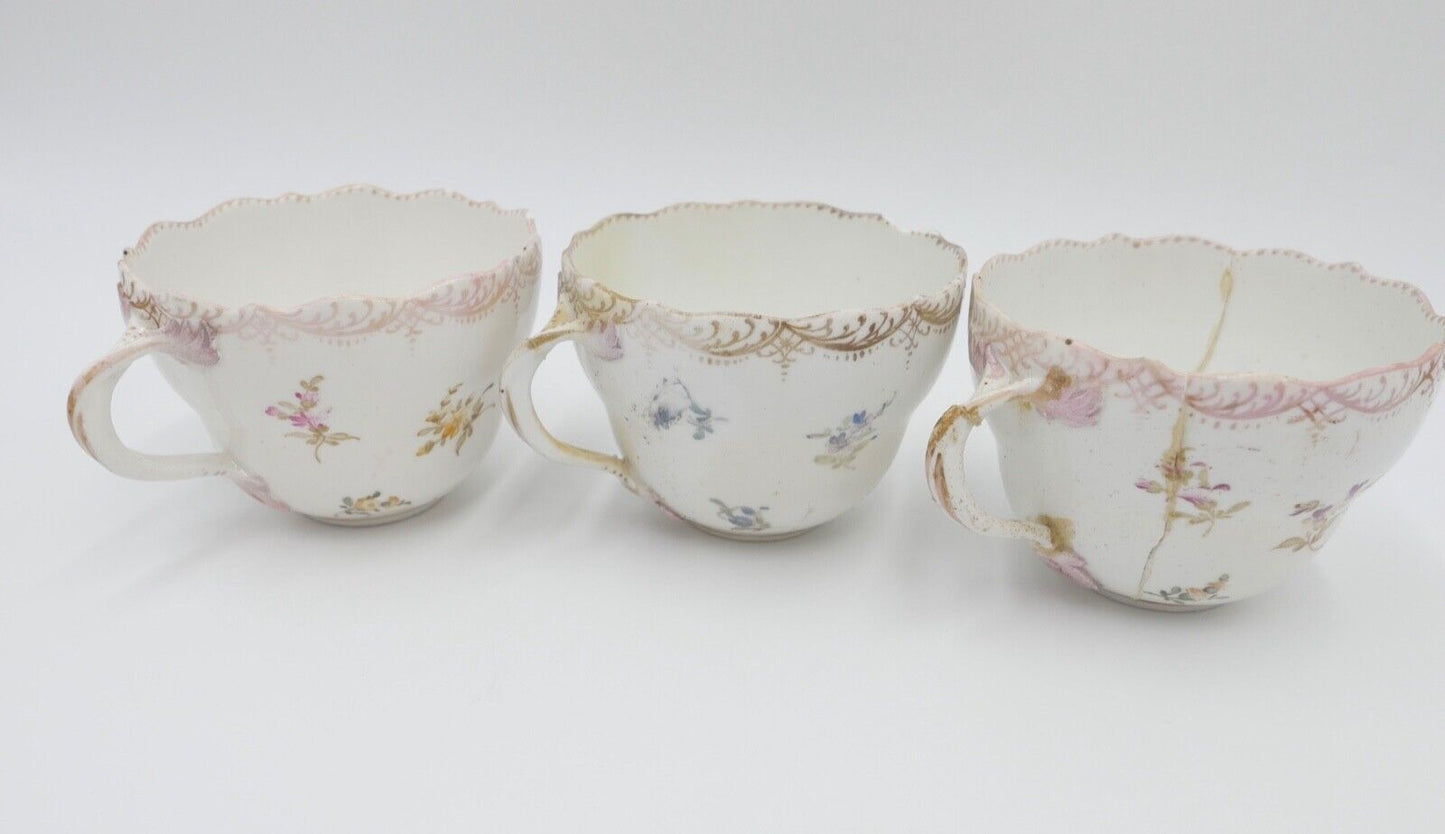 Meissen 3 Teetassen Knaufzeit 1860 1900 Barock Blumen Bukett Muster - Antikhandel-Stuttgart