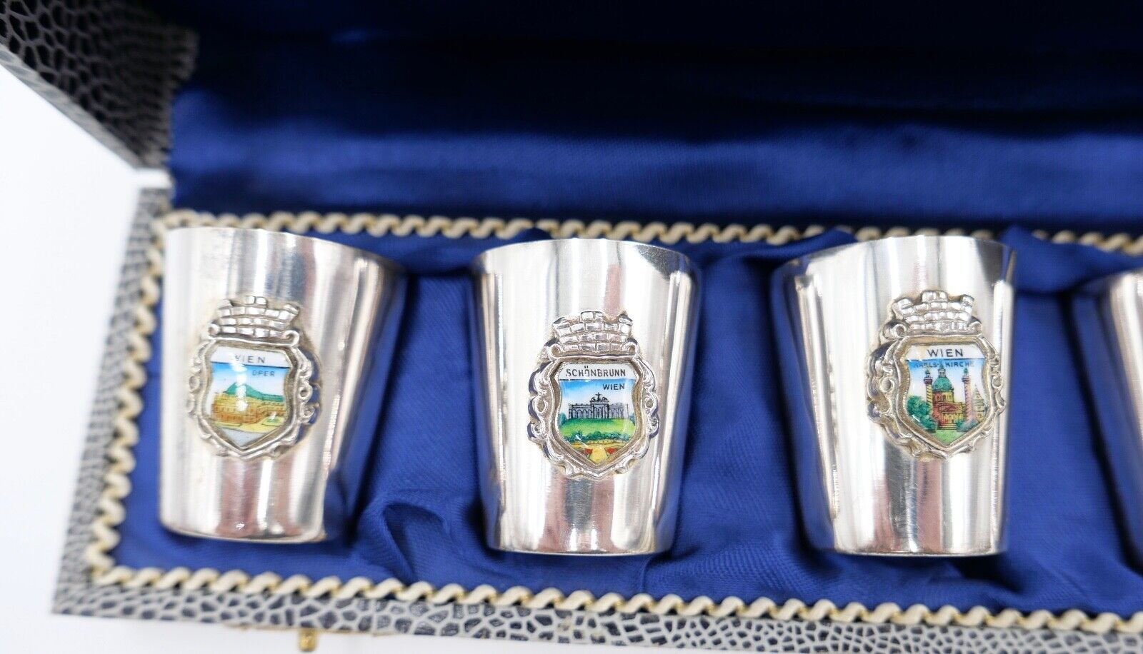 6x WIEN Antiko 100 Schnapsbecher Becher versilbert im Kasten NEUwertig - Antikhandel-Stuttgart