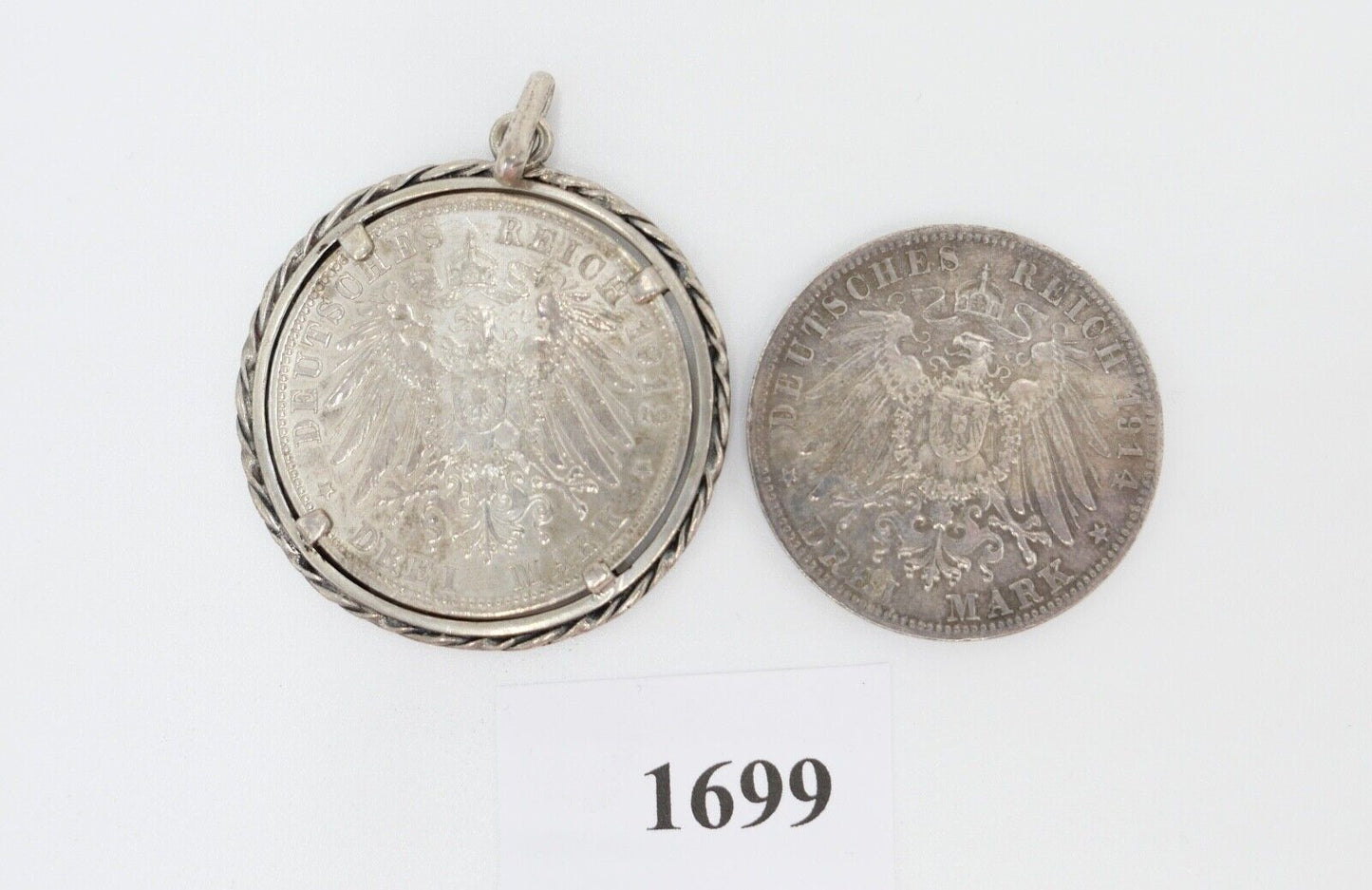 2x 3 Mark ss - vz Bayern Otto - Ludwig Jäger J.47 + J.52 Münzfassung Anhänger - Antikhandel-Stuttgart