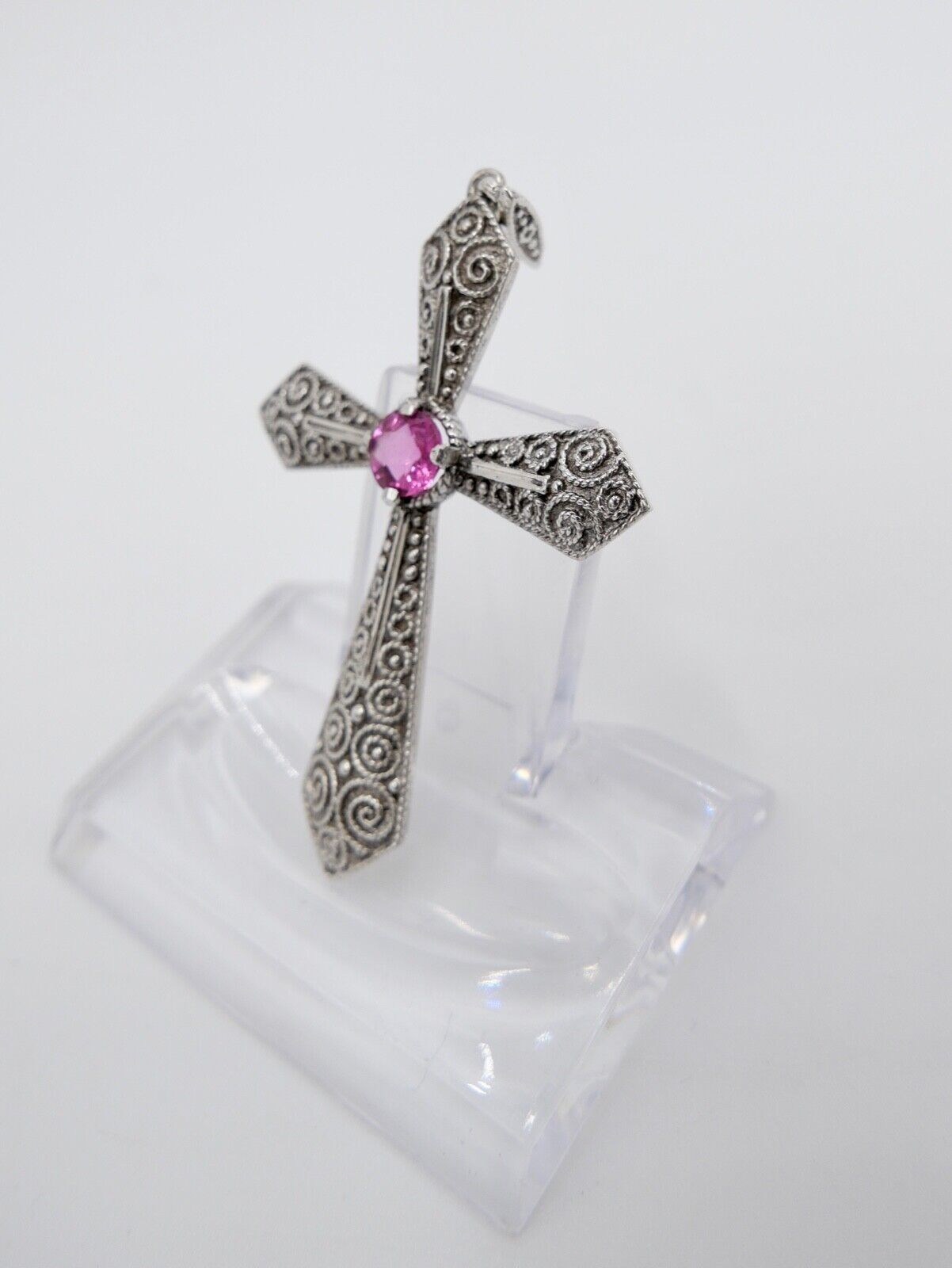 alter filigraner Kreuz Anhänger mit rosa Glasstein 835 Silber 62,0 mm - Antikhandel-Stuttgart