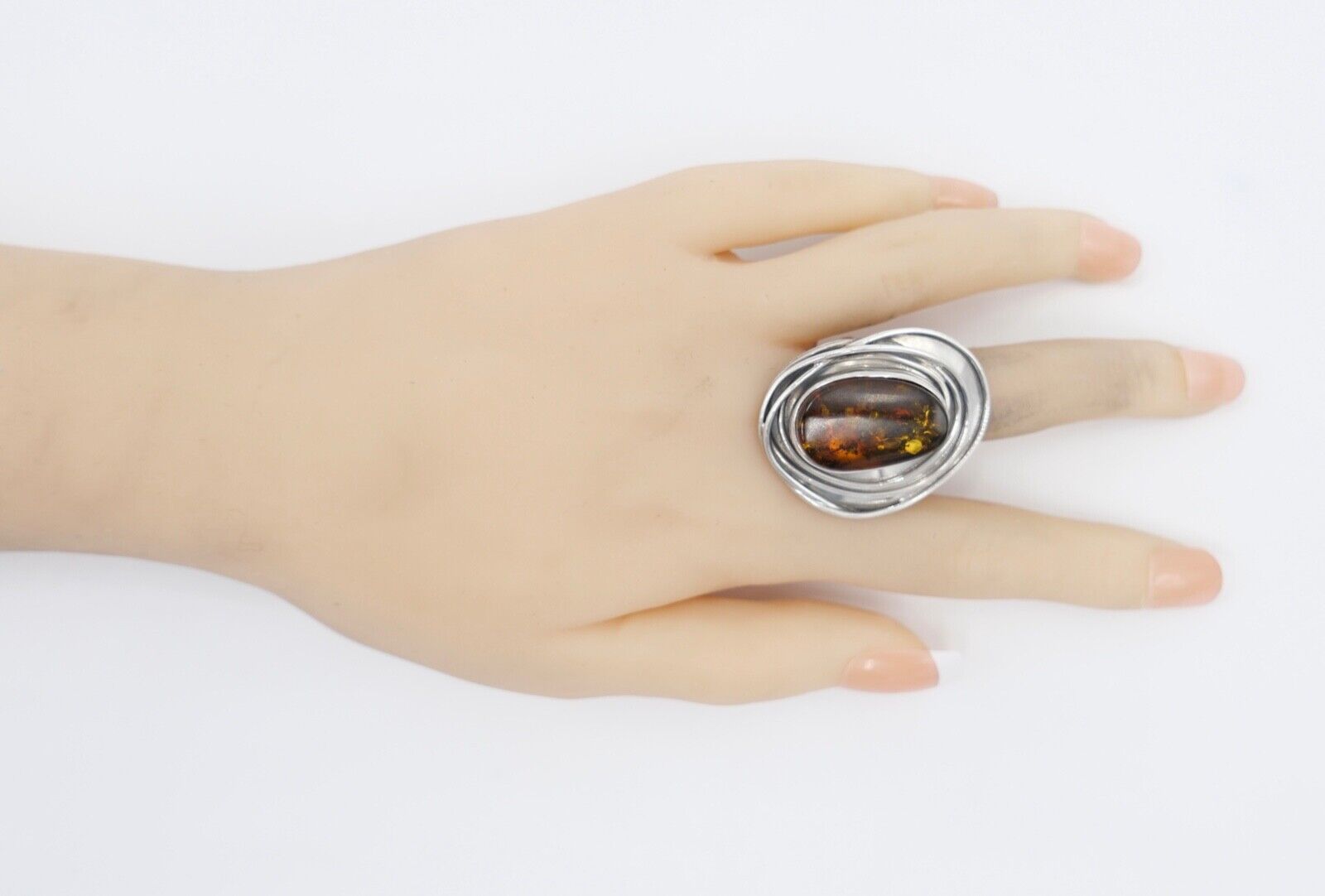 80er Jahre Designer Ring Bernstein Silber 925 Gr. 58 Frauenkopf W Warschau Polen - Antikhandel-Stuttgart