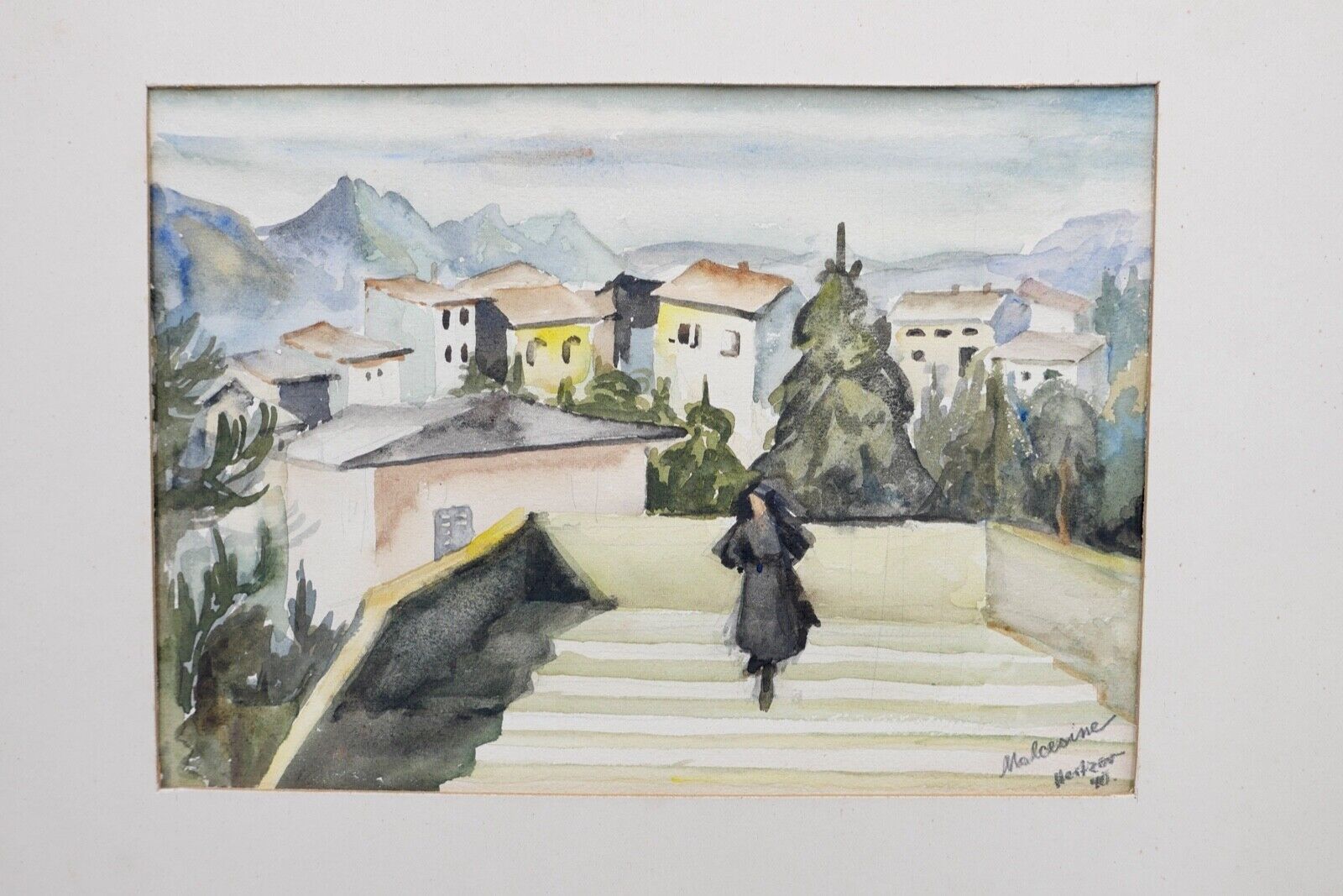 1940 Else Hertzer Aquarell signiert Malcesine Gardasee Frau Treppe 42x32 cm - Antikhandel-Stuttgart