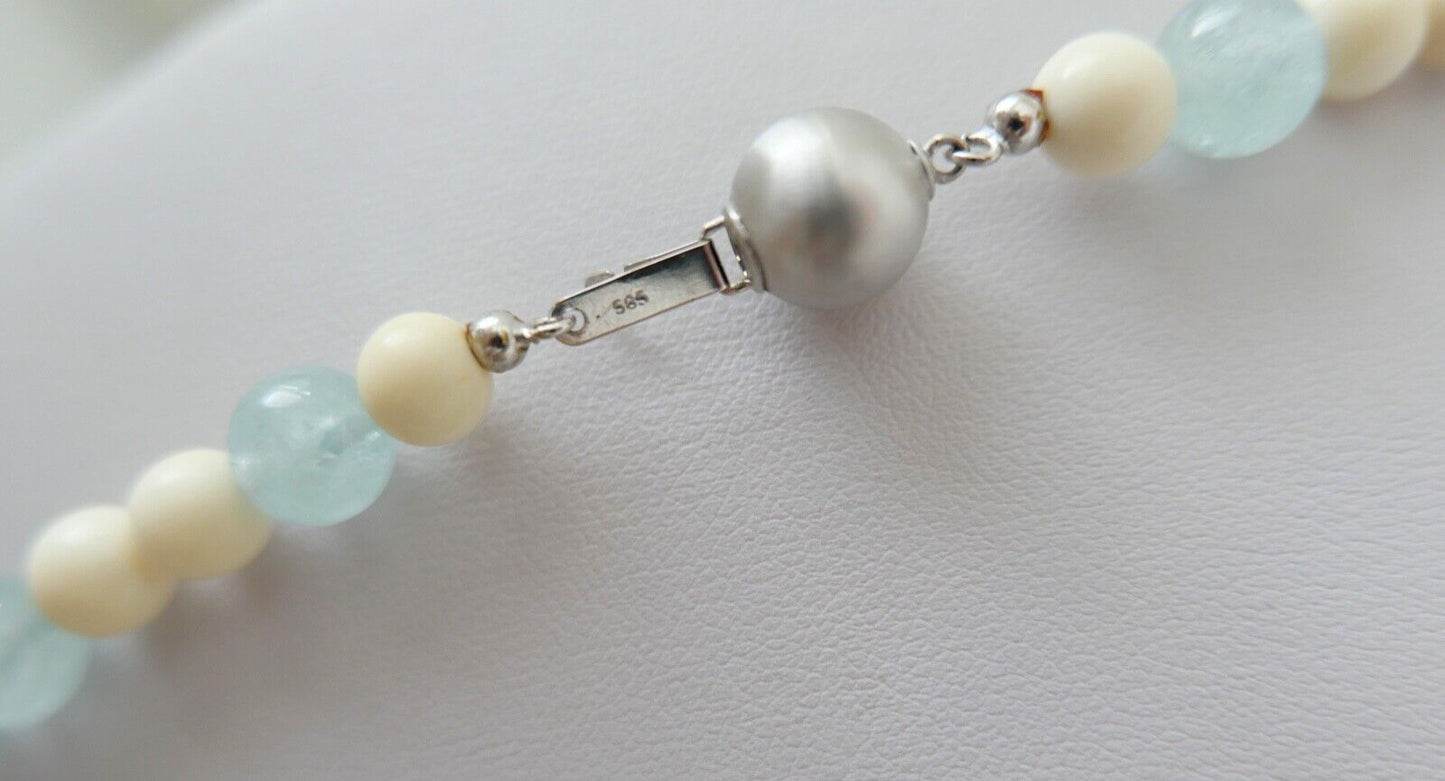 SET 3 Teilig Armband & Kette 55 cm Bein & Aquamarin 585 / 14K Gold - Antikhandel-Stuttgart