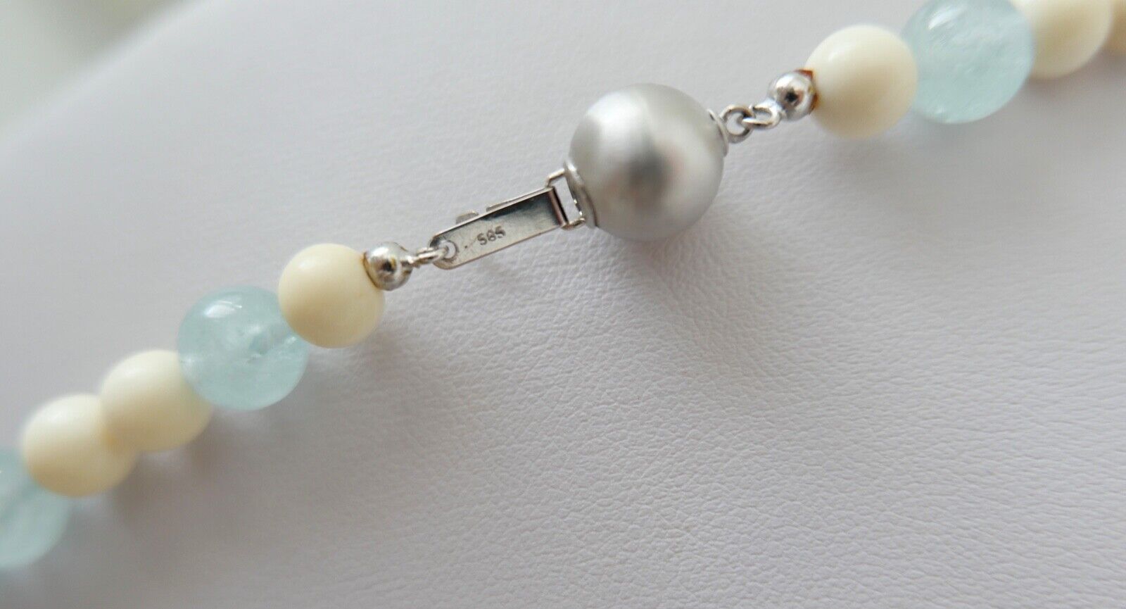 SET 3 Teilig Armband & Kette 55 cm Bein & Aquamarin 585 / 14K Gold - Antikhandel-Stuttgart