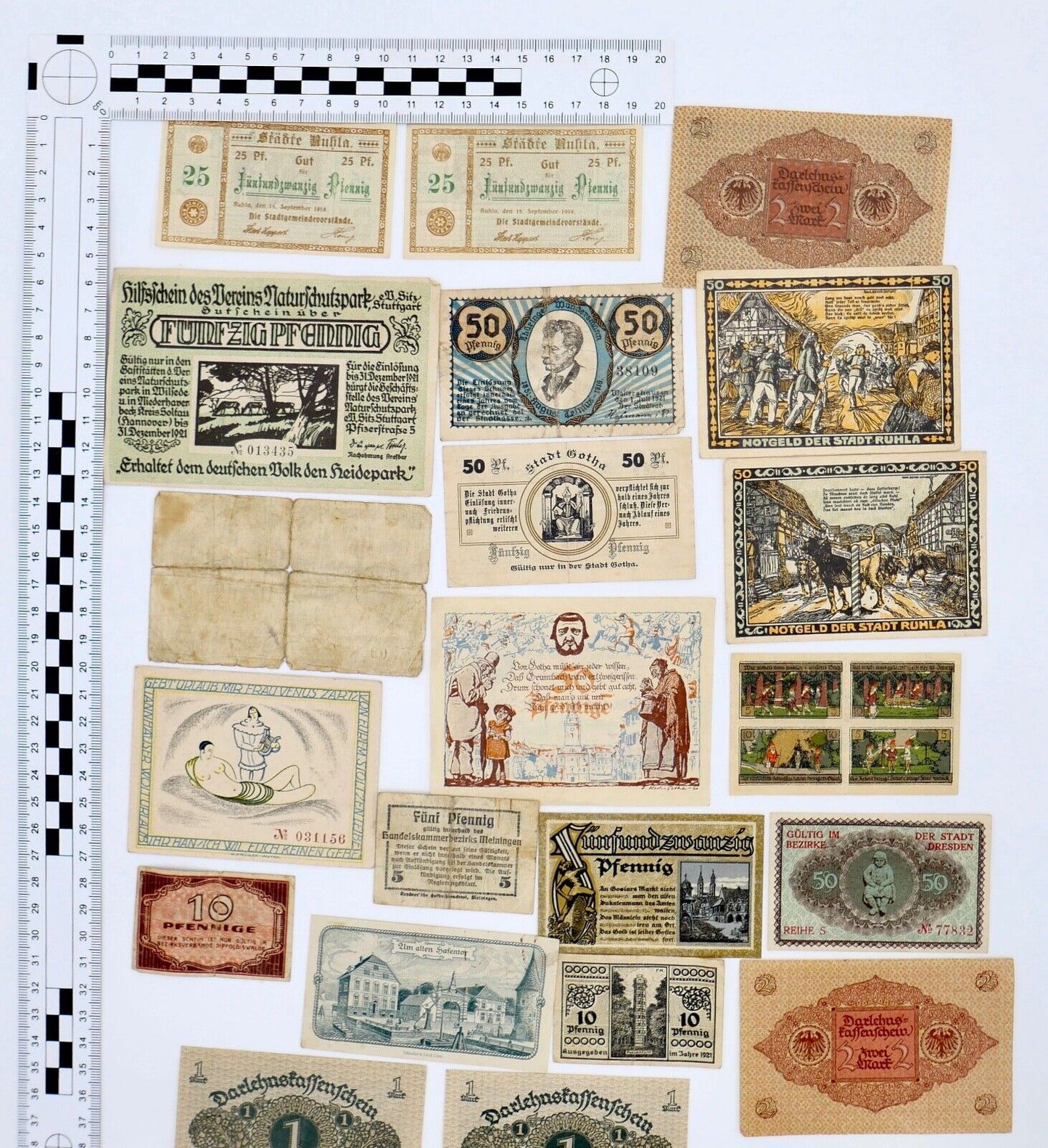 Posten 21 Notgeld Scheine 5 10 25 50 Pfennig 1 2 Mark teilweise UNC unzirkuliert - Antikhandel-Stuttgart