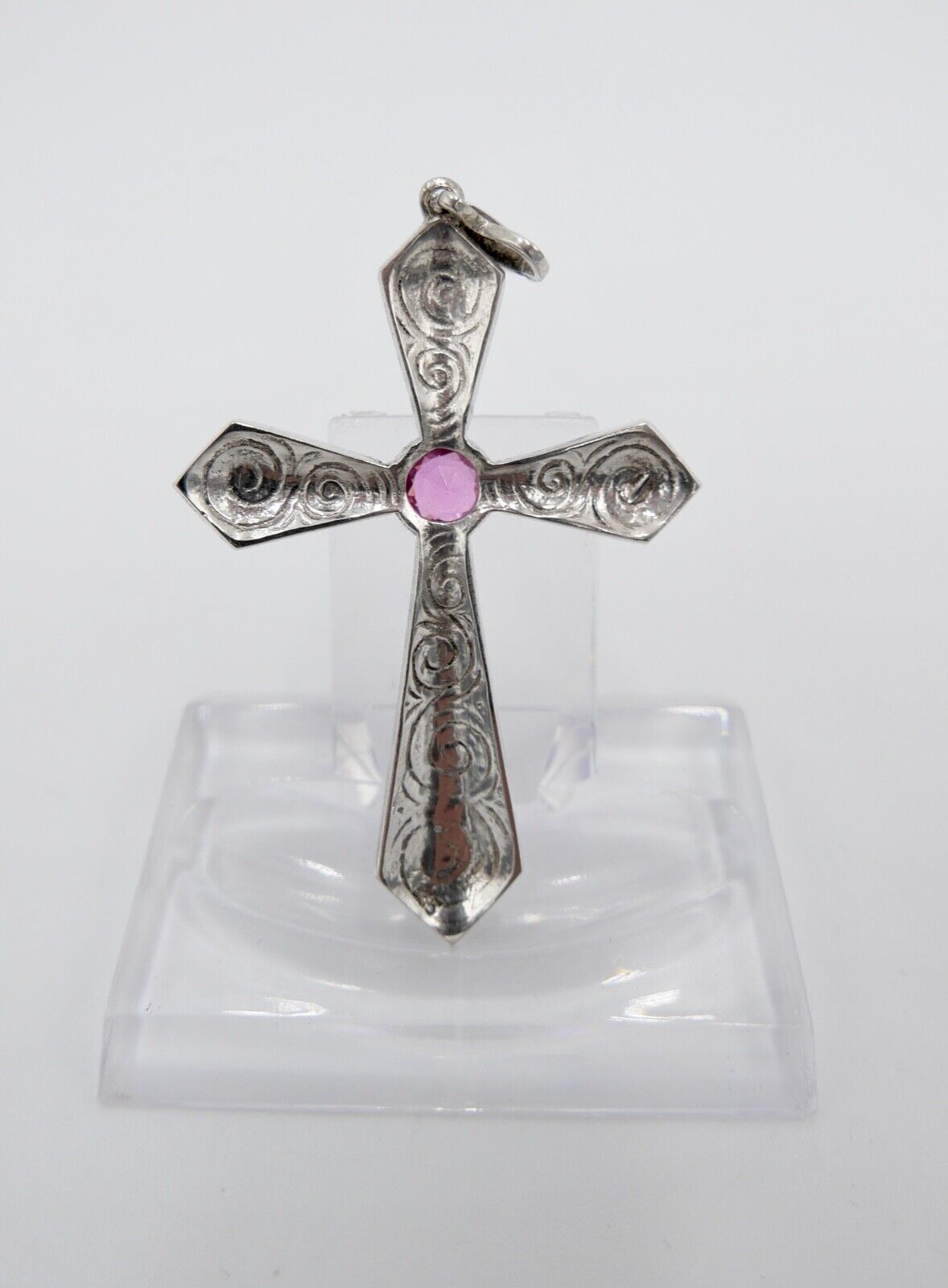 alter filigraner Kreuz Anhänger mit rosa Glasstein 835 Silber 62,0 mm - Antikhandel-Stuttgart