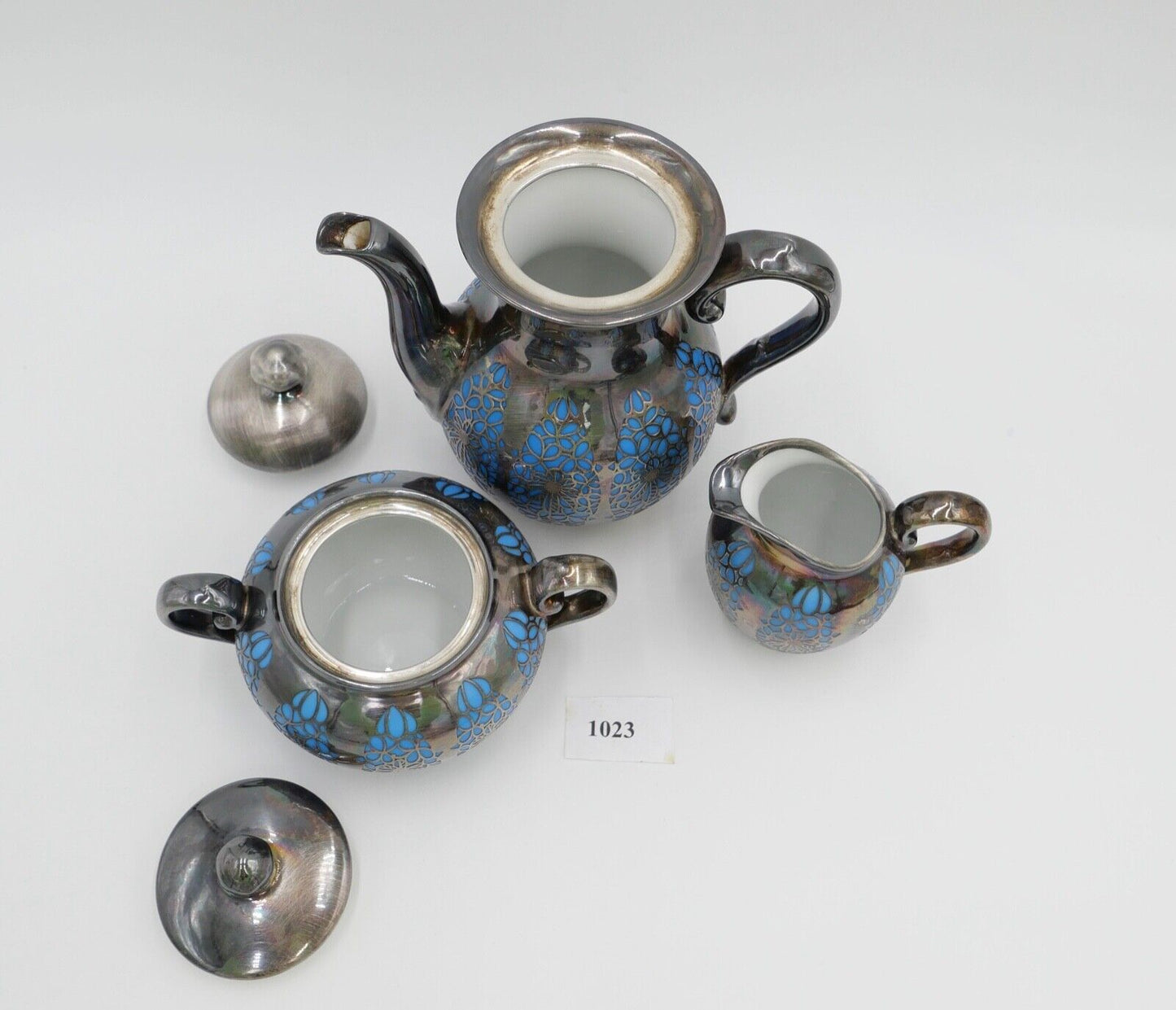 20er 30er Jahre ROSENTHAL Kaffe / Mokka Service versilbert Durchbruchmuster blau - Antikhandel-Stuttgart