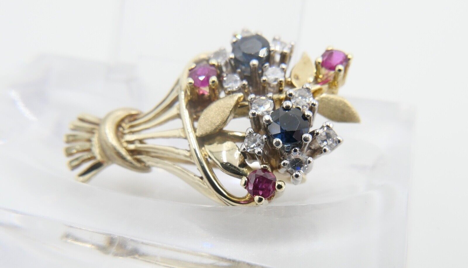1980er florale Blumenkor 585 14K Bicolor Gold Brosche Brillanten Rubinen Saphire - Antikhandel-Stuttgart