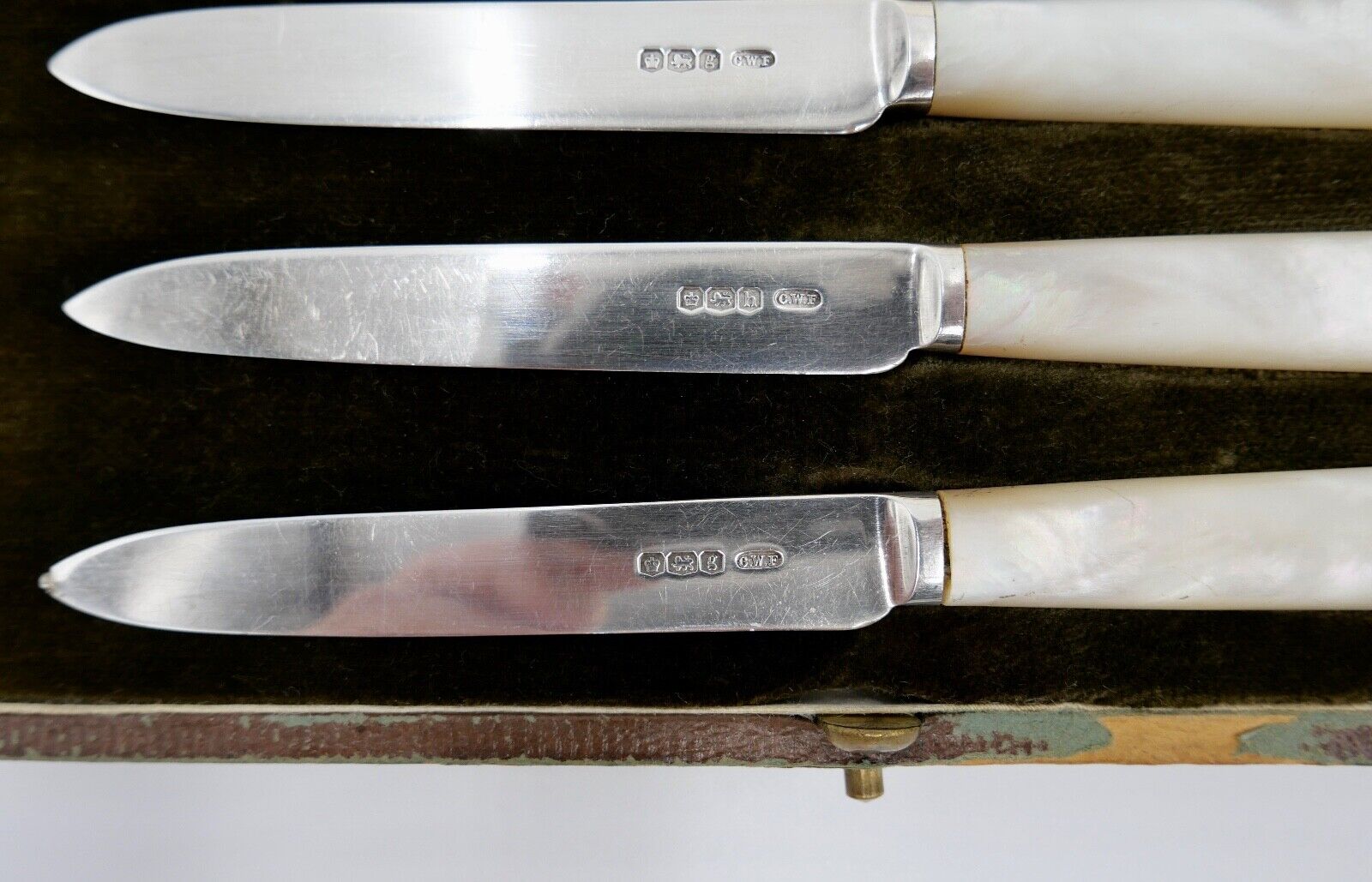 6 Antik Messer 925 Silber C.W.F Charles William Fletcher Sheffield Perlmutt 1924 - Antikhandel-Stuttgart