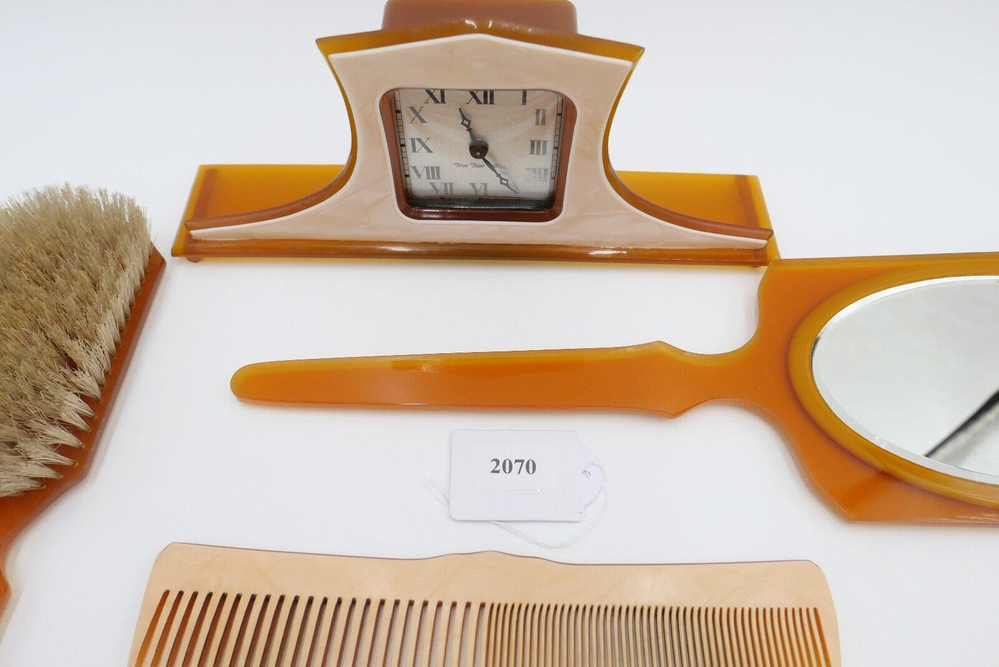 Altes Frisierset Bakelit / Zelluloid ART DECO 1930er Tischuhr TRUE TIME TELLERS - Antikhandel-Stuttgart