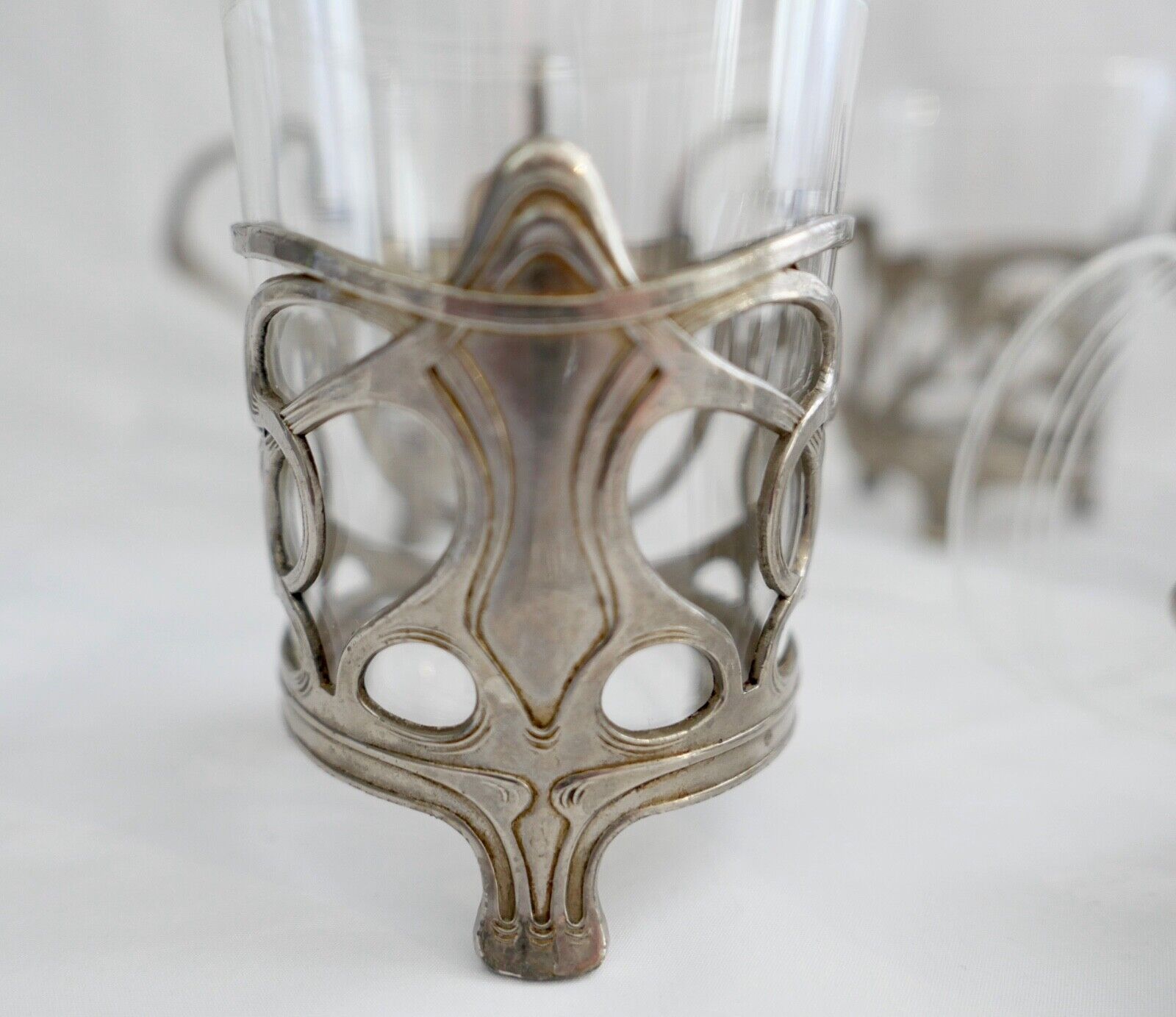 Set 6x Jugendstil Teeglashalter versilbert mit Schott Mainz JENAer Glas um 1900 - Antikhandel-Stuttgart