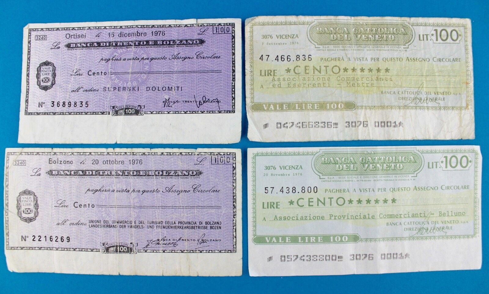 4x 100 Lire Cento Banca Cattolica / Trento Bolzano Italy Banknoten 1976 bill - Antikhandel-Stuttgart