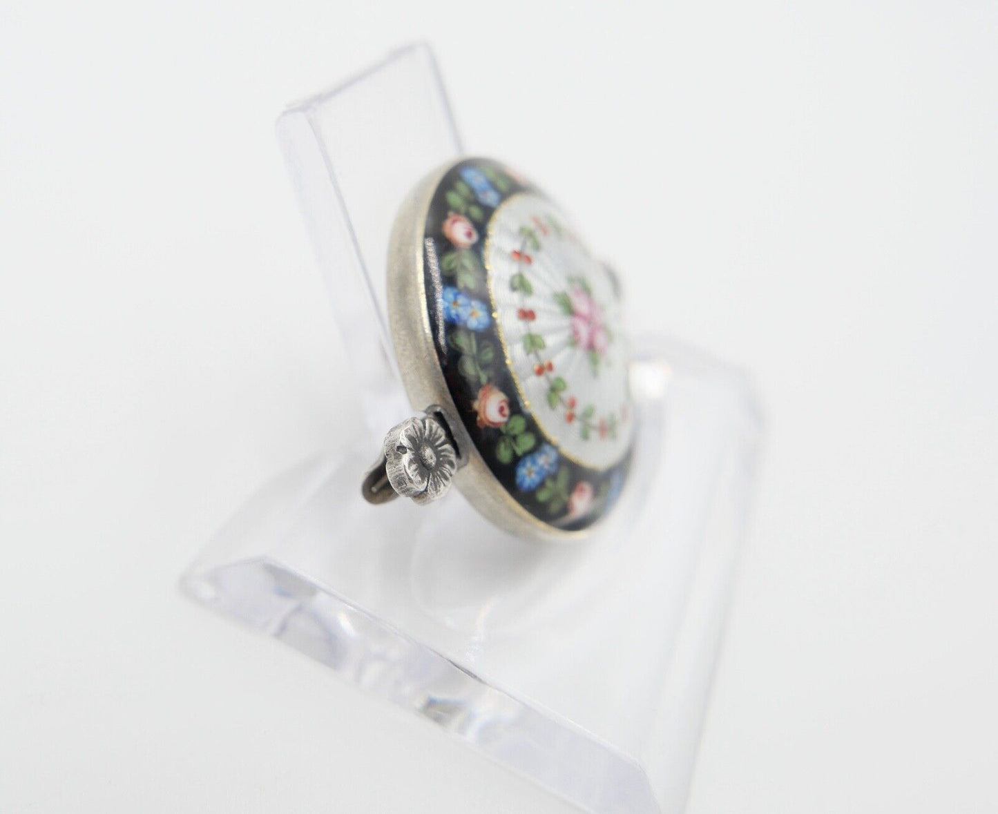 60er Jahre florale Silber Brosche 41 x 30 mm mit Emaille Blumen Rosen - Antikhandel-Stuttgart