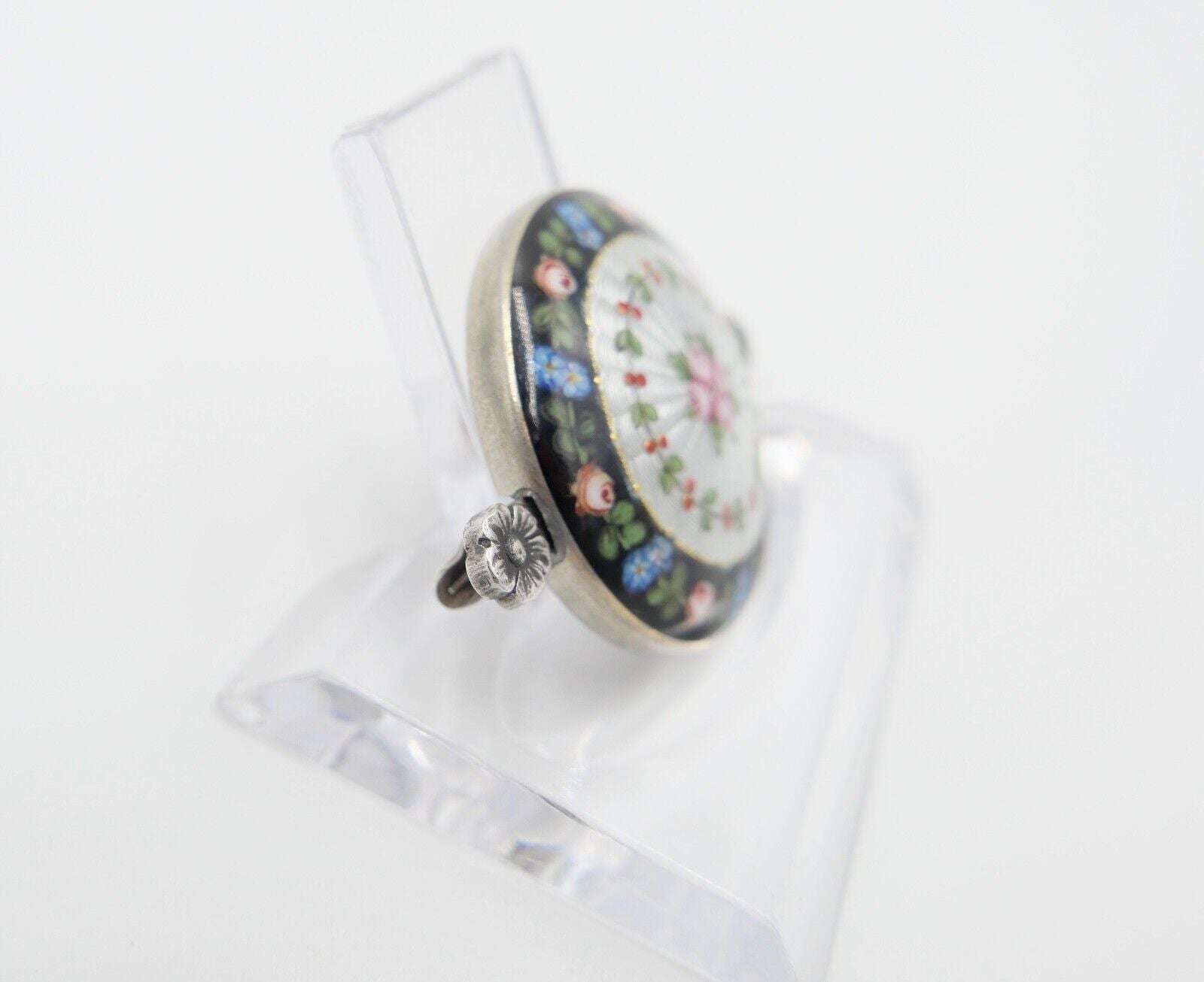 60er Jahre florale Silber Brosche 41 x 30 mm mit Emaille Blumen Rosen - Antikhandel-Stuttgart