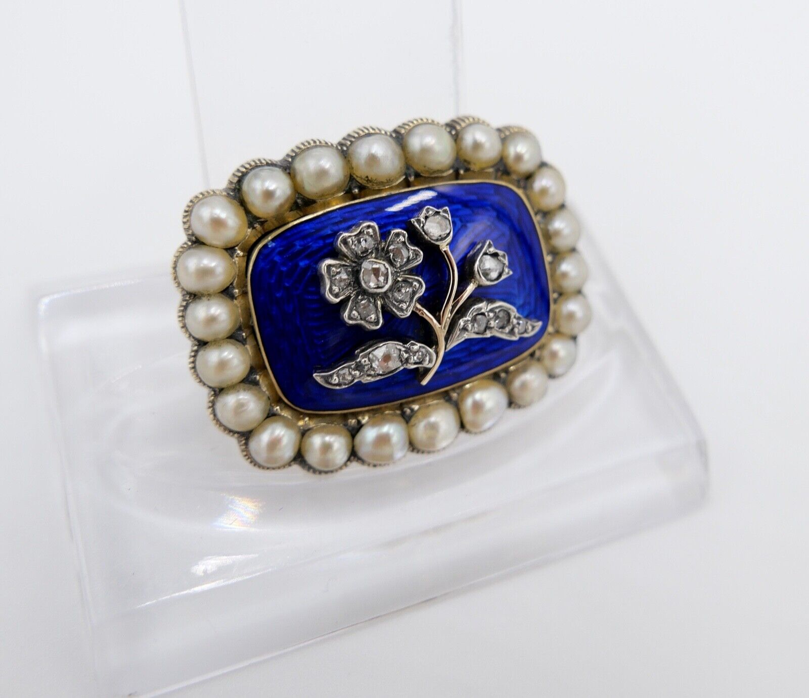 1850 antike Brosche 750 18K Gold viktorianisch floral Diamanten Perlen Emaille - Antikhandel-Stuttgart