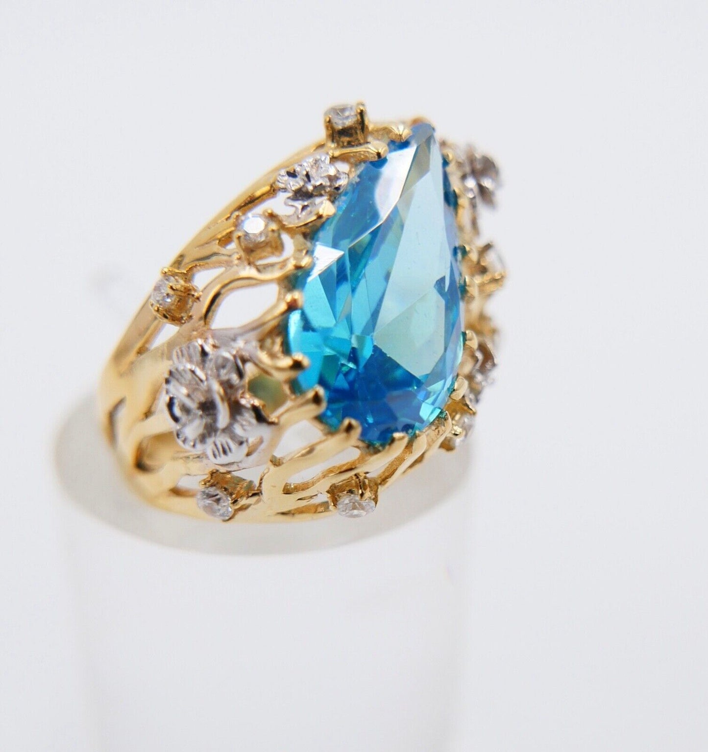 Gelbgold Ring mit Blautopas & Zirkonia 585 14K Gr. 55 im Tropfen Schliff 5,0 Ct - Antikhandel-Stuttgart