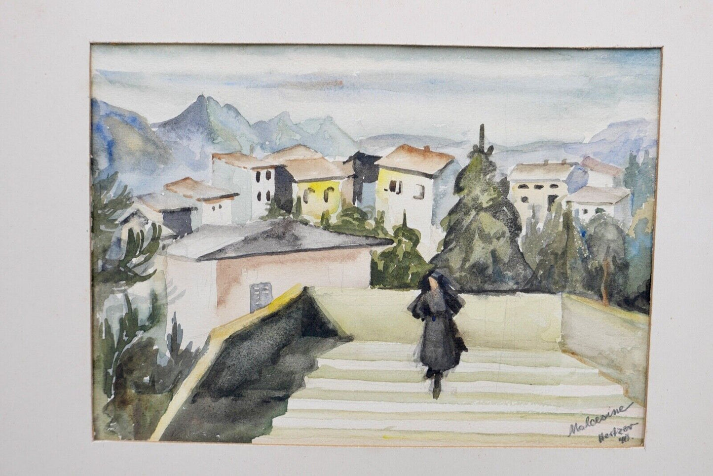 1940 Else Hertzer Aquarell signiert Malcesine Gardasee Frau Treppe 42x32 cm - Antikhandel-Stuttgart